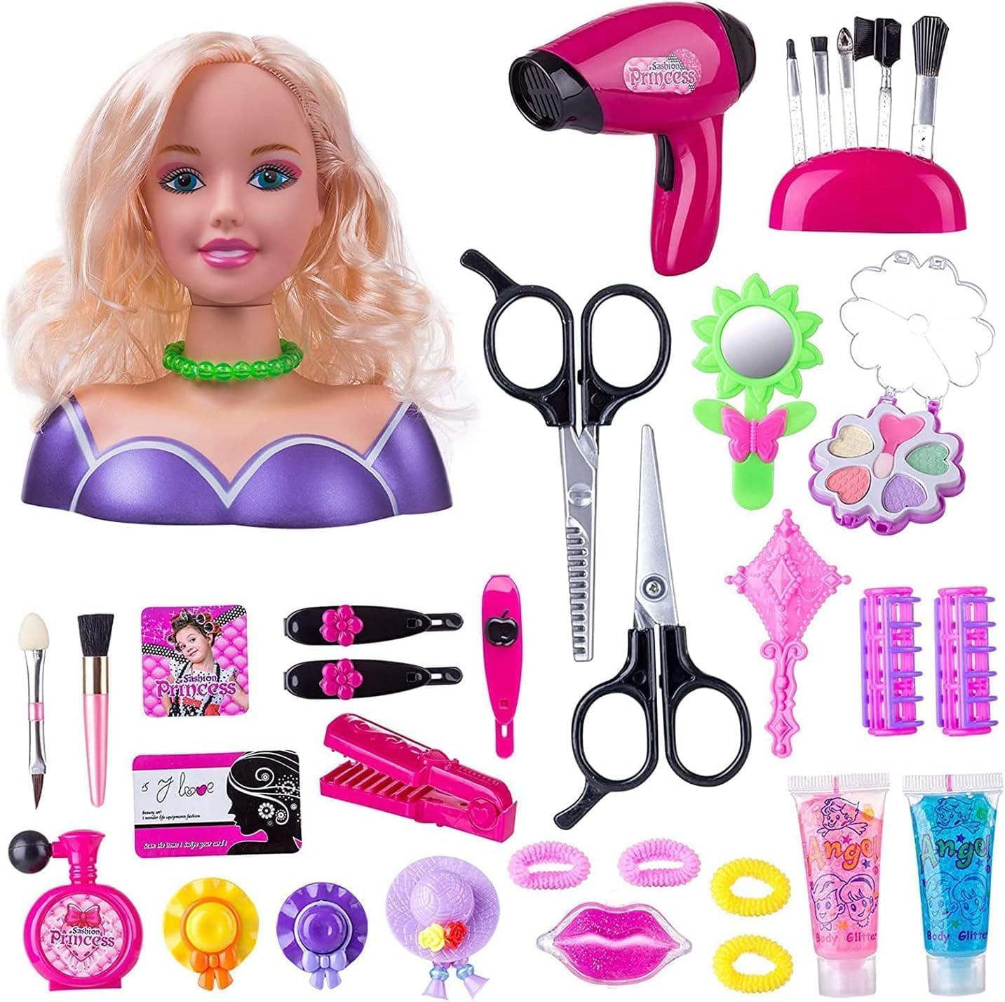 Tete da parrucchiere, 35 pezzi, testa da parrucchiere e truccare, set di giocattoli, giocattolo da ragazza per 1-9 anni, bambola styling headdressing