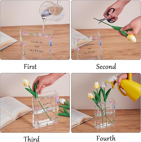 Miniatura 6 de Florero de libro para flores, florero de acrílico para flores, florero de libro transparente y único, para el hogar, dormitorio, oficina, comedor,