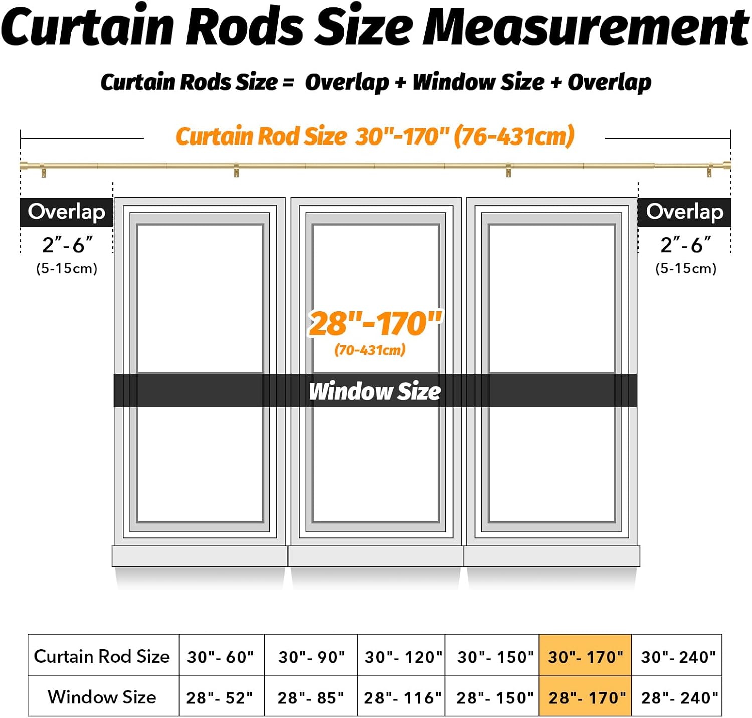 GEEBOBO Gold Curtain Rods for Windows 120 to 170 Inch, 1 Inch Extra Long Heavy Duty Easy Install Adjustable Curtain Rods Set for Outdoor, Farmhouse, Bedroom, Living Room (Gold, 30"-170")