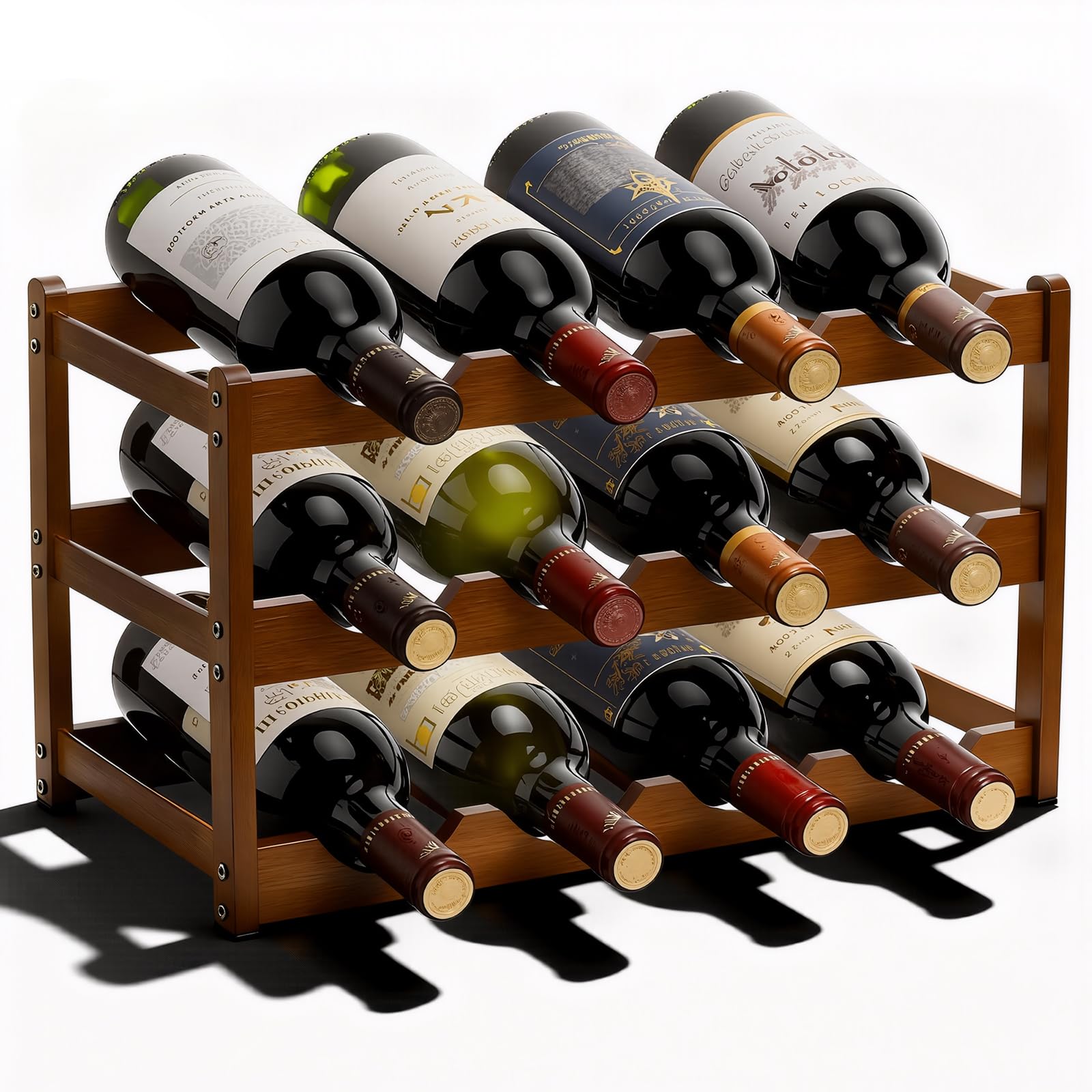 Fentar Vinoteca 12 Botellas, Botellero Vino de 3 Niveles, Botellero Apilable Estable, Botelleros Madera Estrechos para Cocina Bar Cellar (43 x 23,5 x 25cm)