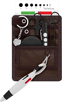 4 Pockets Nurse Organizer Pouch w/Tactical Black Tools - Medical Instrument Organizer with Lister Scissors, LED Penlight, Eye Chart, Chart Pen + More - ASA Techmed Brown