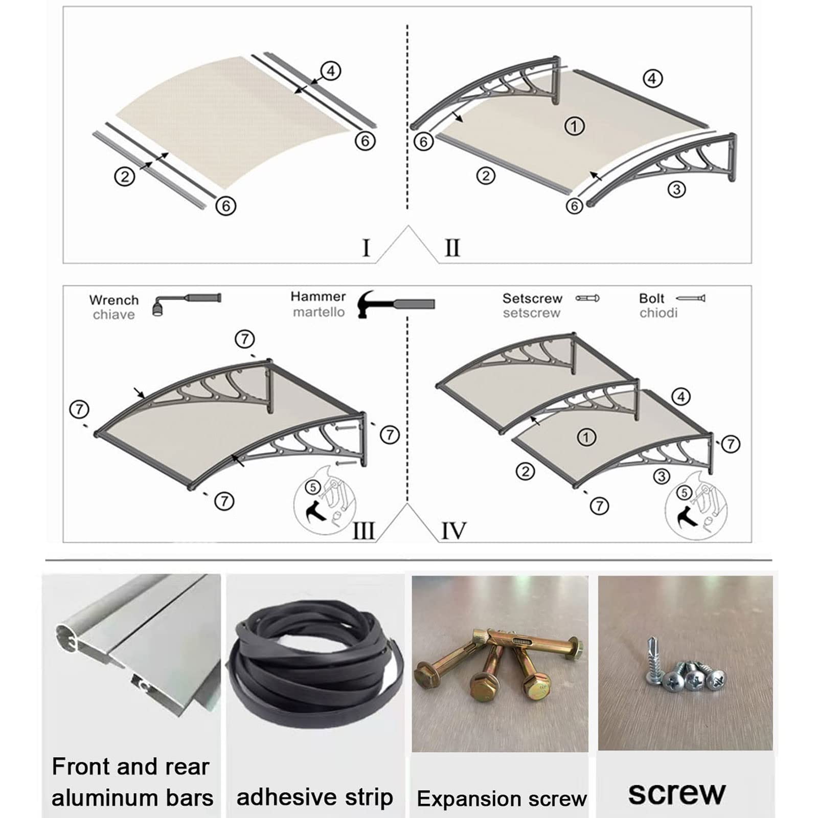 Deur Luifel Voordeur Deurluifel Buiten, Afdak voor Huisdeur Van Aluminium Frame en 2.5mm Polycarbonaat, voor UV, Regen, Sneeuwbescherming, Meerdere Maten (Color : B, Size : 60x220cm/24x87