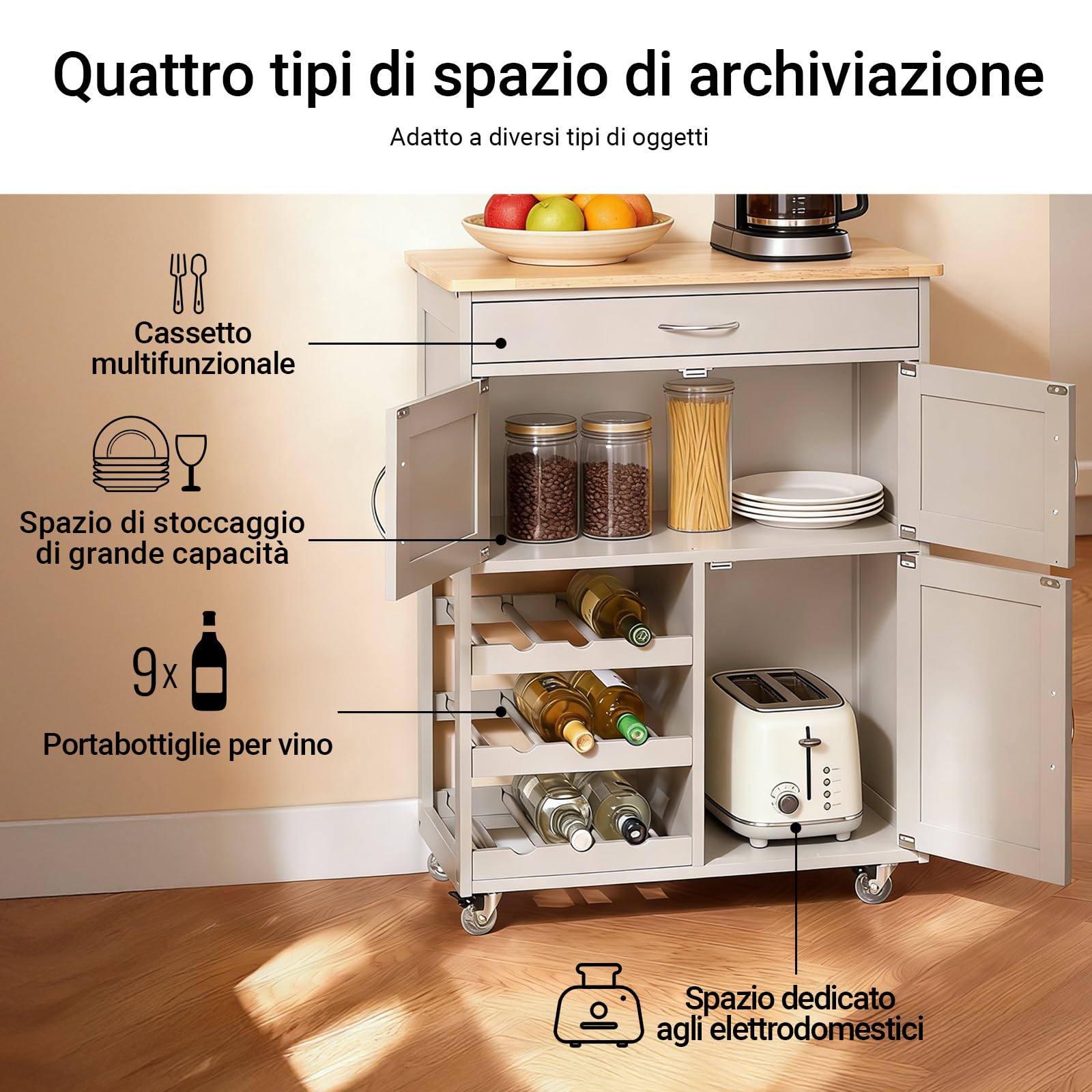 SoBuy Carrello Cucina con Ruote, Mobile Cucina Salvaspazio con Ruote, Mobiletto Cucina con Cassetti e Portabottiglie, Mobiletto Credenza Cucina per Cucina o Sala da Pranzo, Cachi 67x38x86cm FKW45-KA