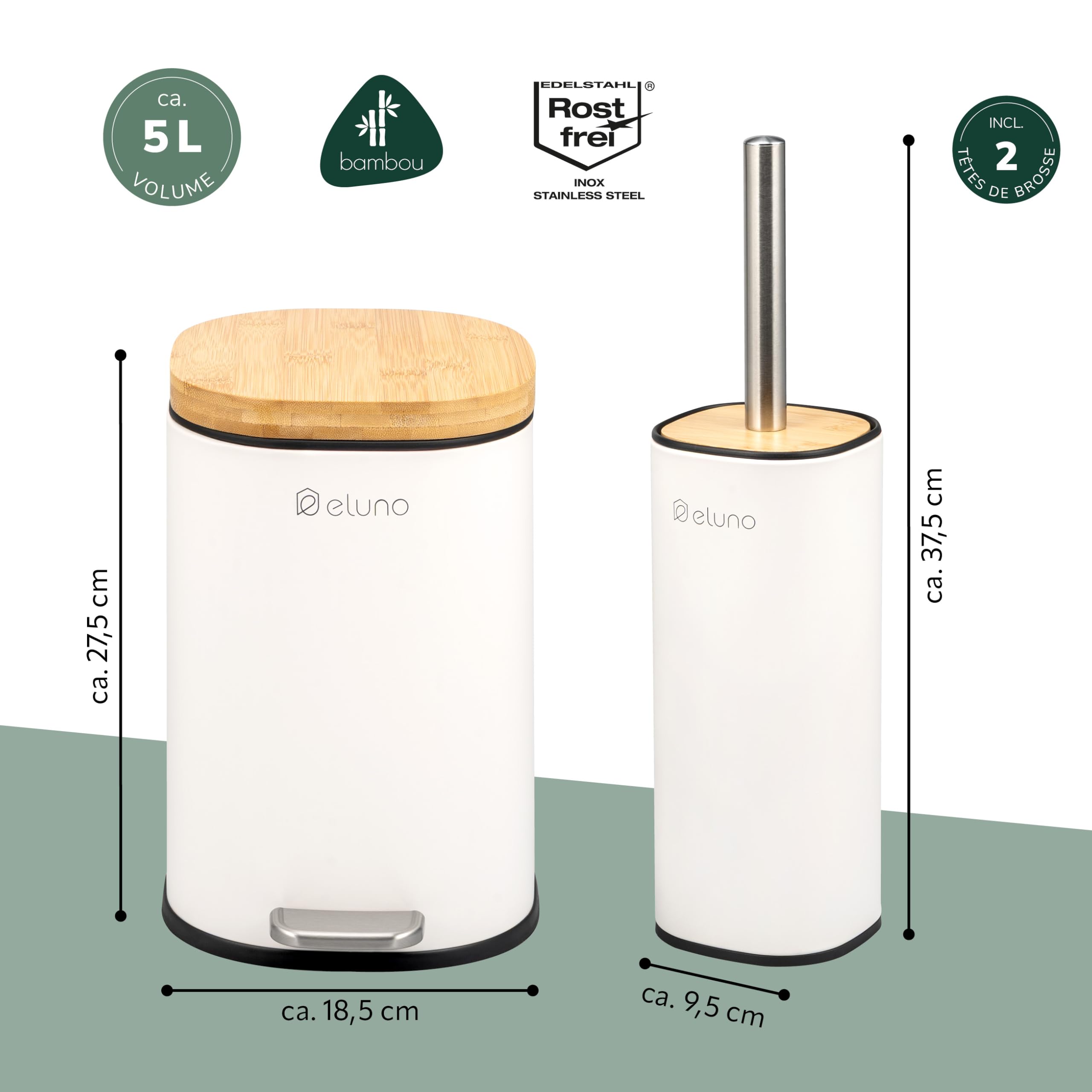 eluno Framura - Lot de 2 accessoires de salle de bain - 1 poubelle de salle de bain avec couvercle à fermeture douce et une capacité de 5 litres et 1 ensemble WC - En métal avec couvercle en bambou