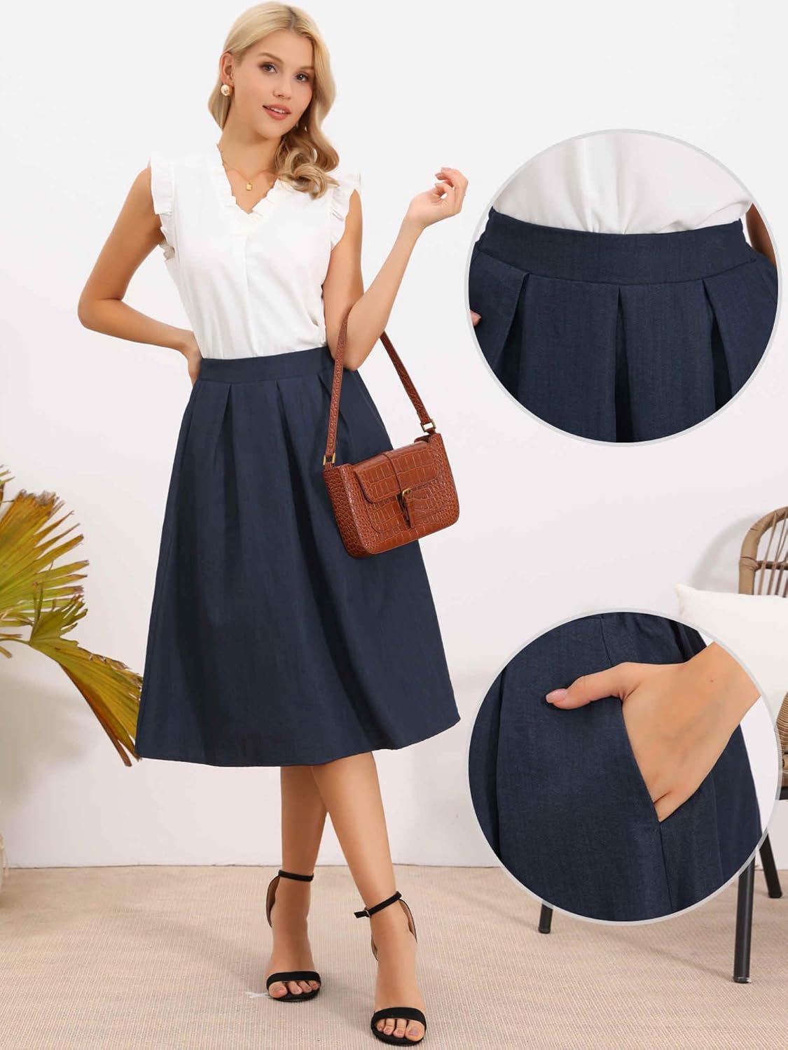 Allegra K Pleated Skirts for Women High Waisted Vintage A-Line Business Casual Midi Skirts - Image 4
