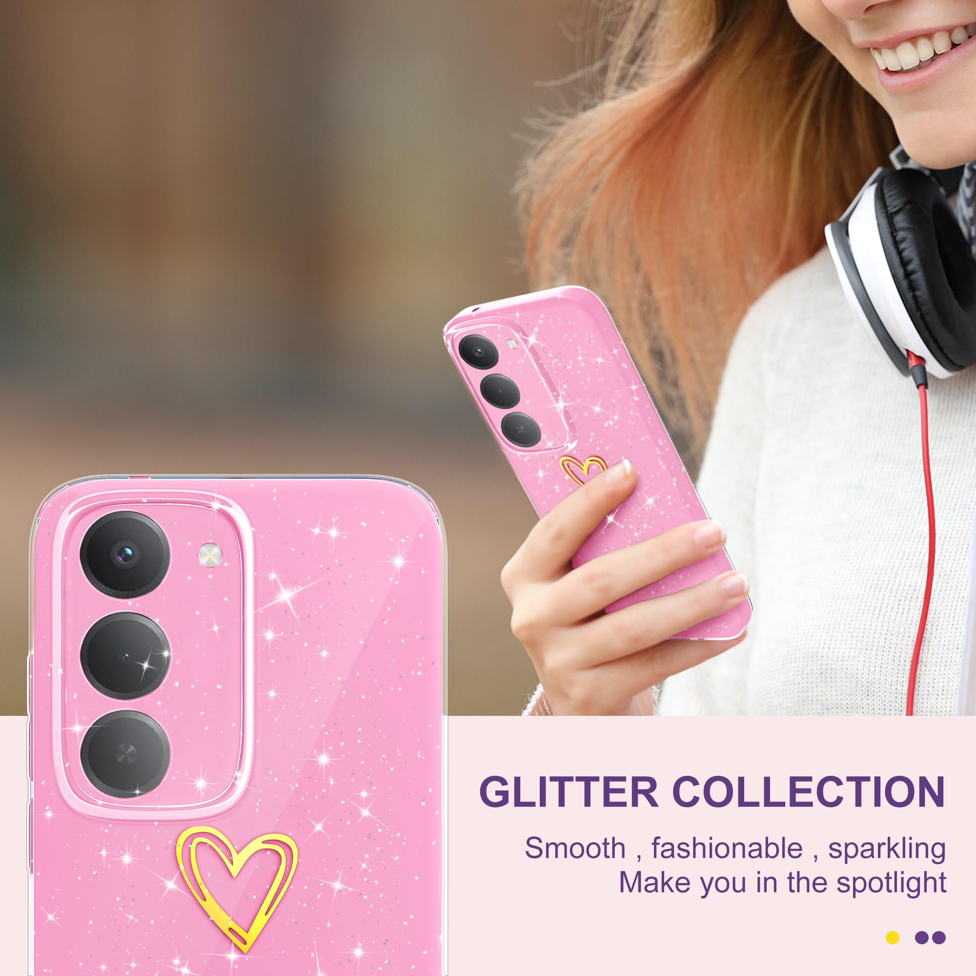 Pokrowiec na Xiaomi Redmi 15 4G/5G Glitter TPU Silikonowe błyszczące etui z ochroną aparatu Cienkie serce wzór miękkie odporne na wstrząsy ochronne etui do Redmi 15, różowy