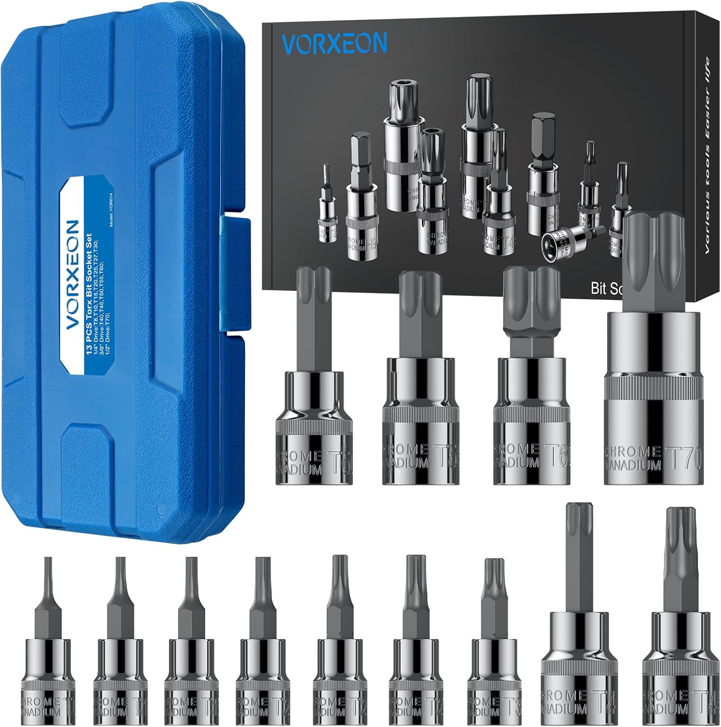 13Pcs Star Bit Socket Set Torx Socket T8-T70, 50BV30 CR-V Drive Socket and S2 Alloy Steel Bit with Storage Case, 1/4 3/8 1/2 Inch Drive