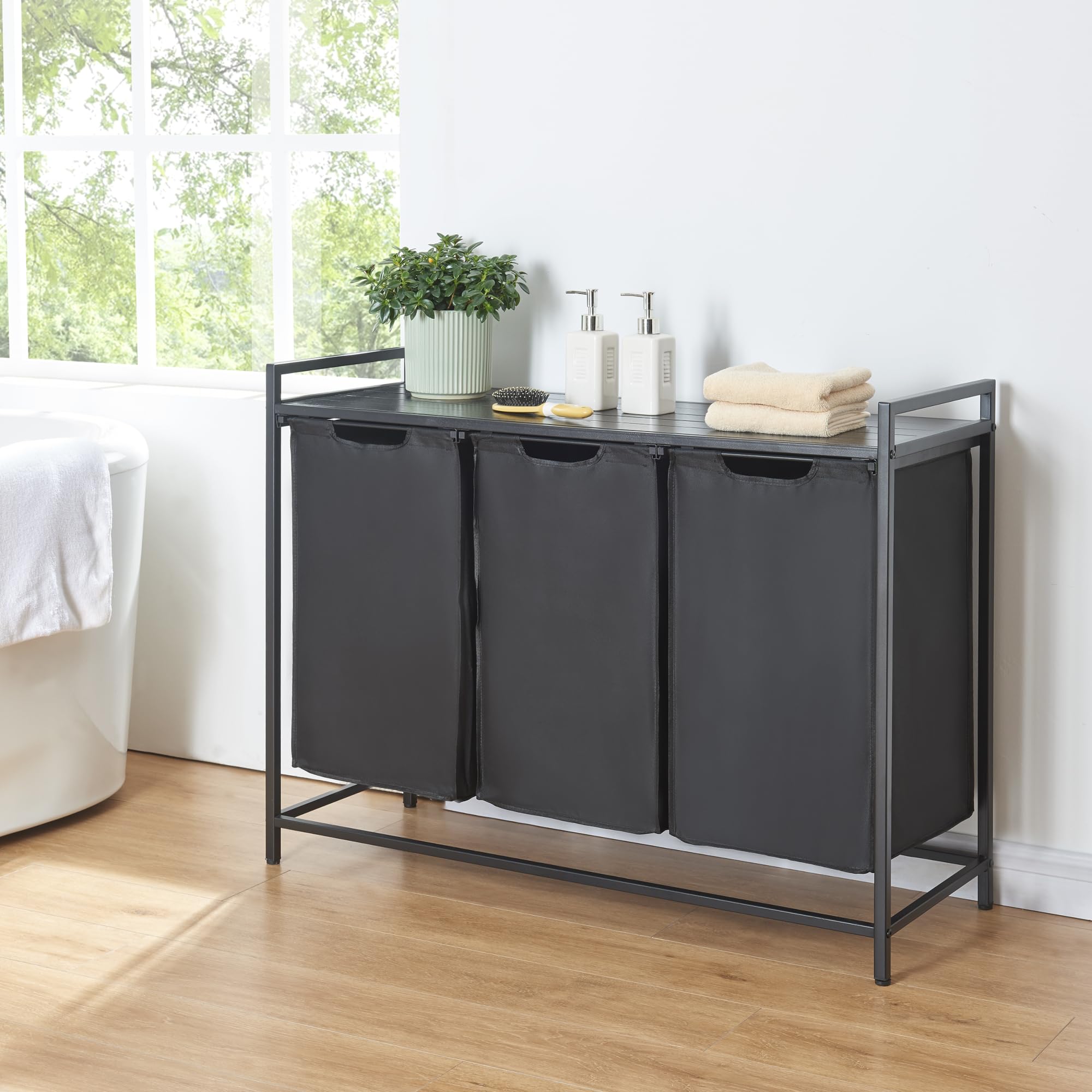 [en.casa] Mobile Portabiancheria con Ripiano e 3 Scomparti Estraibili per Bucato Sacchi Rimovibili con Capienza 3x 45 L - Nero