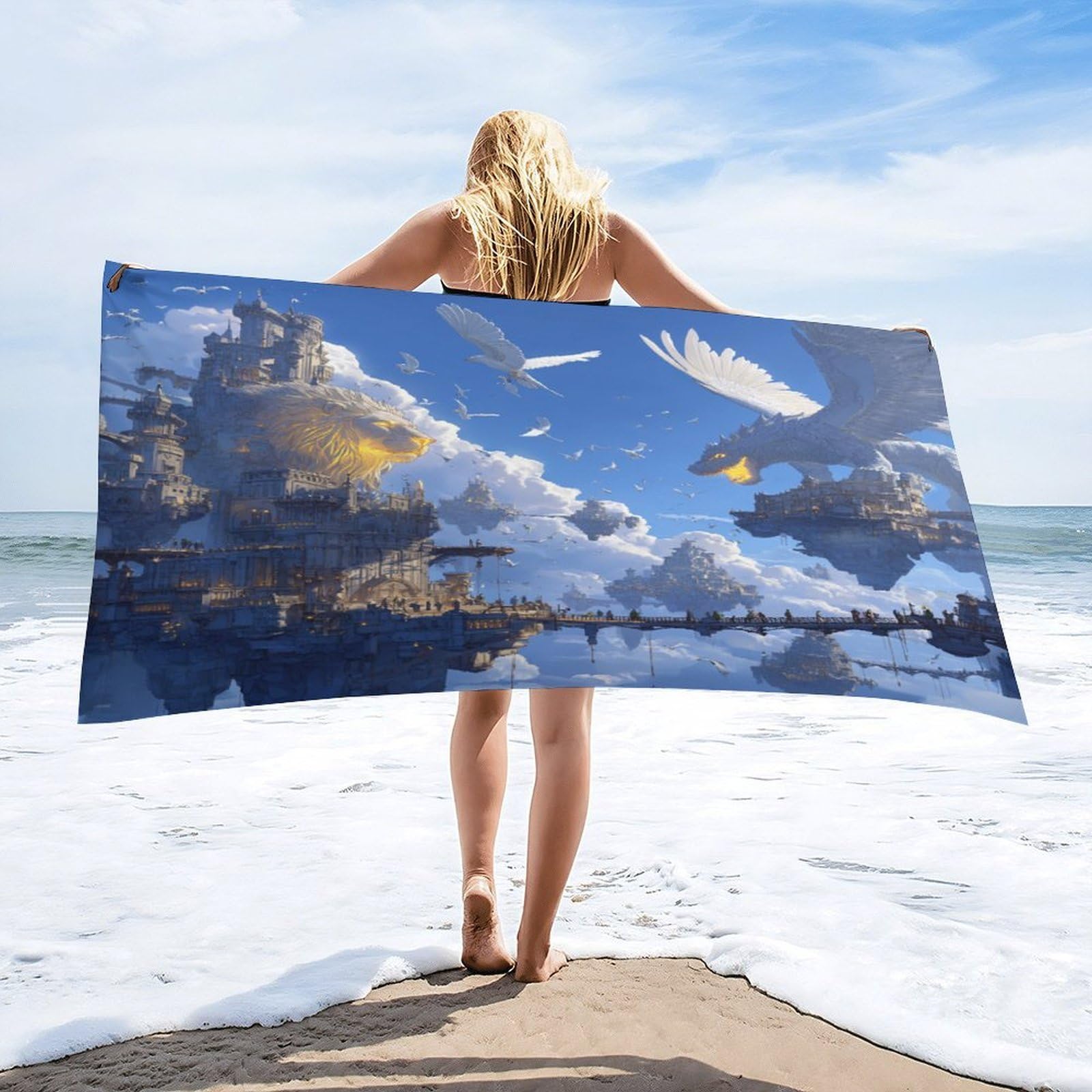 Luyysky Mysterious Vintage Fantasy Dragon Quick-Drying Beach Towel, Retro Watercolor Sunrise Enchanted Castle Animal Bird Lion Travel Vacation Single Sided Pile Bathroom Towels-80 W Cm X 160" L Cm