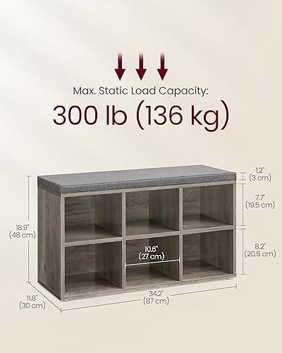 Miniatura 3 de VASAGLE Cojín de entrada, banco de entrada con almacenamiento de zapatos, 6 compartimentos, estantes ajustables, para dormitorio, 11.8 x 34.2 x 18.9