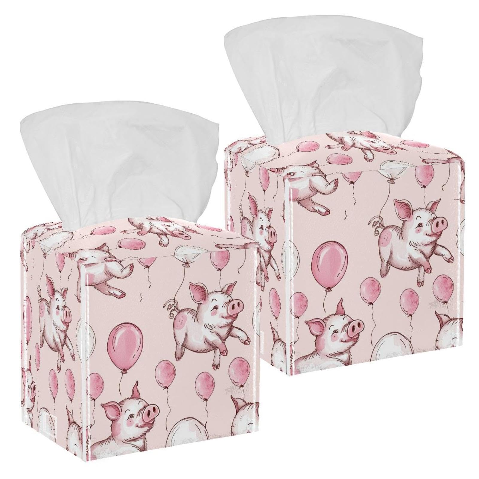 Pig Balloon Tissue Box Cover, 2 Pack PU Leather Square Facial Tissue Dispenser Box holder for Home Office Car