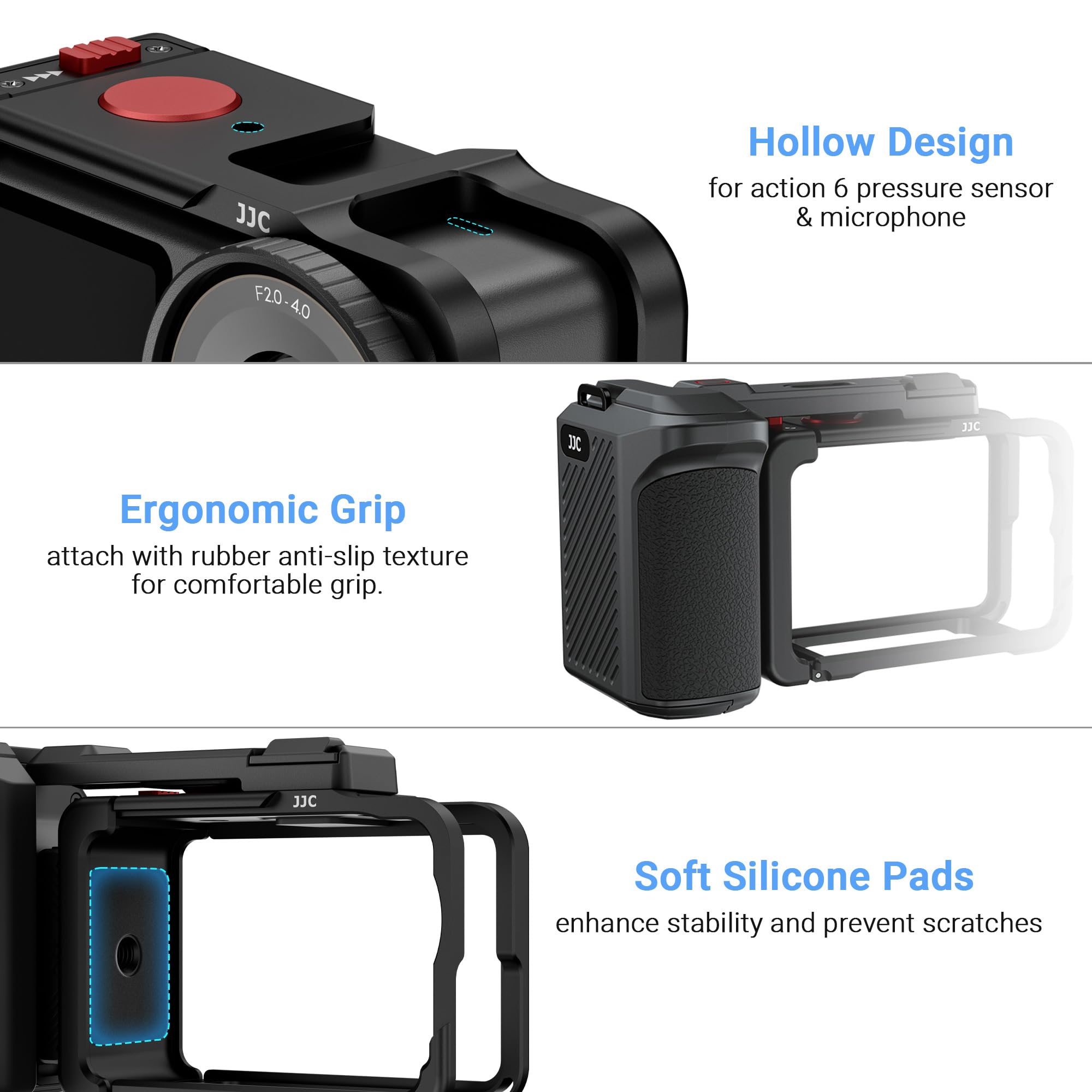 JJC Kit de agarre de calle Osmo Action 6 Cage de aluminio, marco de metal para DJI Osmo Action 6, cubierta protectora con tapa de lente y correa de muñeca, juego de accesorios para cámara de acción