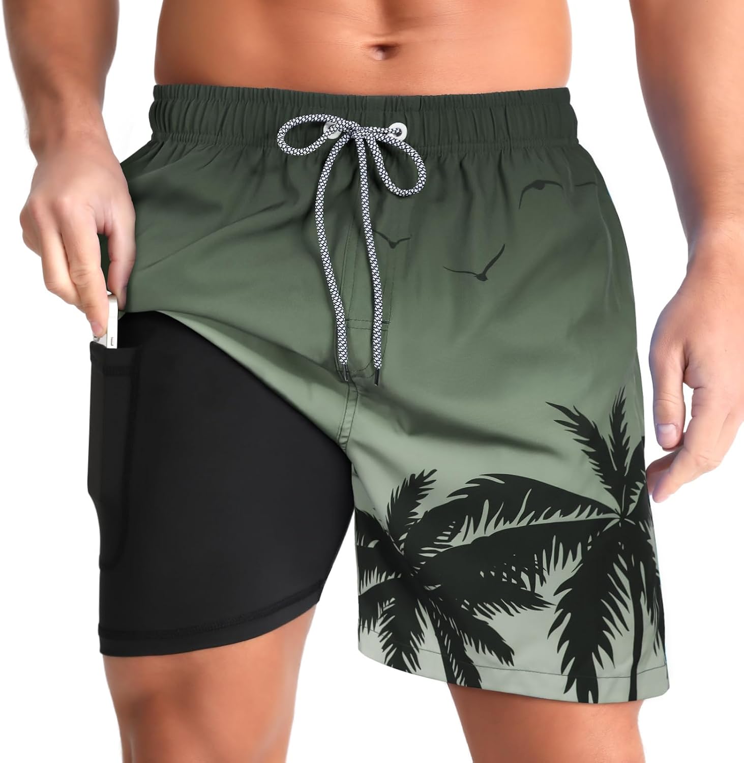 zeetoo Mens Swim Trunks with Compression Liner 5" Inseam Quick Dry Beach Shorts with Zipper Pockets