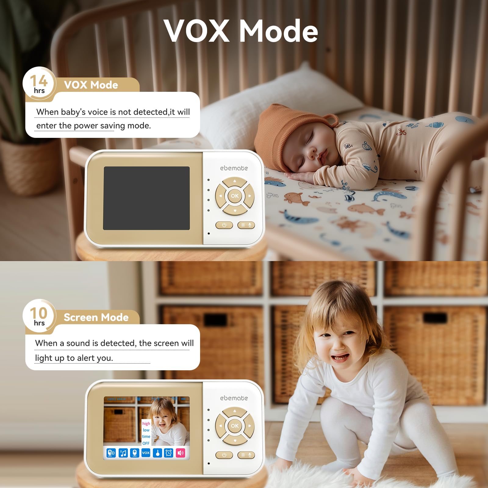 ebemate Monitor de video WiFi para bebé, pantalla de 2.8 pulgadas con cámara 1080P, visión nocturna sin brillo, conversación bidireccional y alcance de 1500 pies, cámara WiFi de encendido