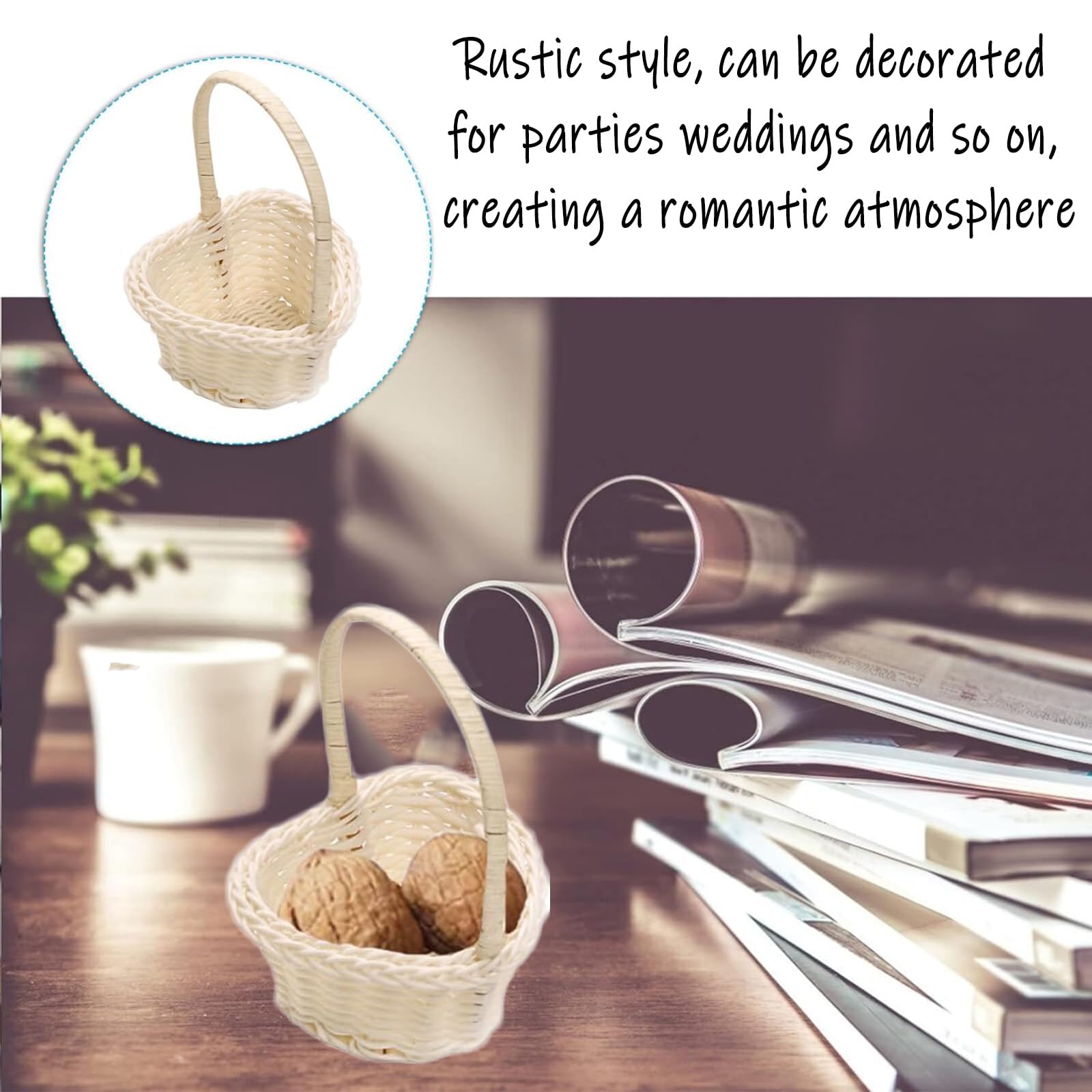Cestini In Vimini Con Manico, 8 Pezzi Cestini Piccoli In Vimini, Contenitori Di Fiori per Matrimoni, Contenitori Da Canestri, Mini Canestri Di Rattan per Regali, Rustici, Matrimoni, Feste, Bianco