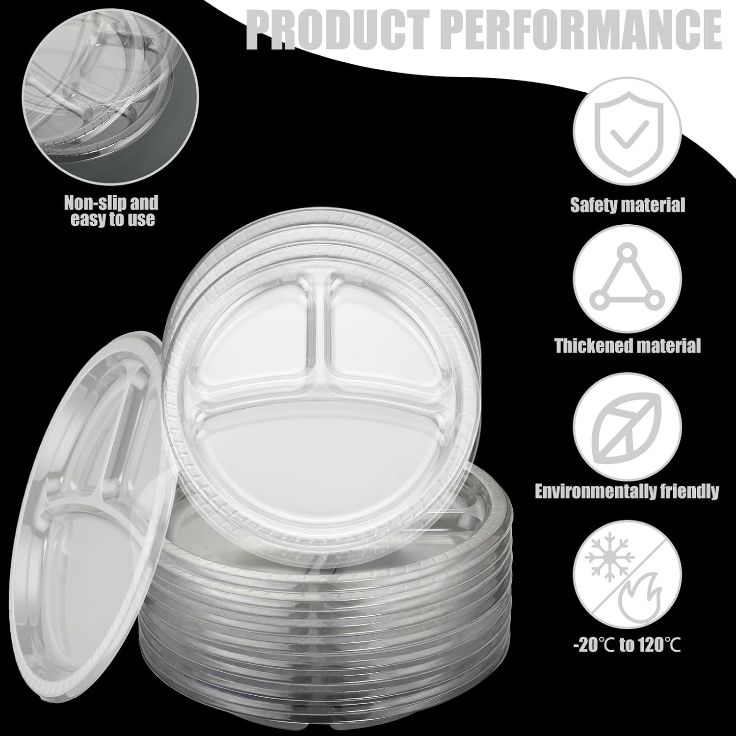 Umigy 100 Pcs 10 Inch 3 Compartments Divided Plastic Plates Bulk Colorful Disposable Heavy Duty Round Dinnerware for Party Valentine Wedding Birthday(Transparent)