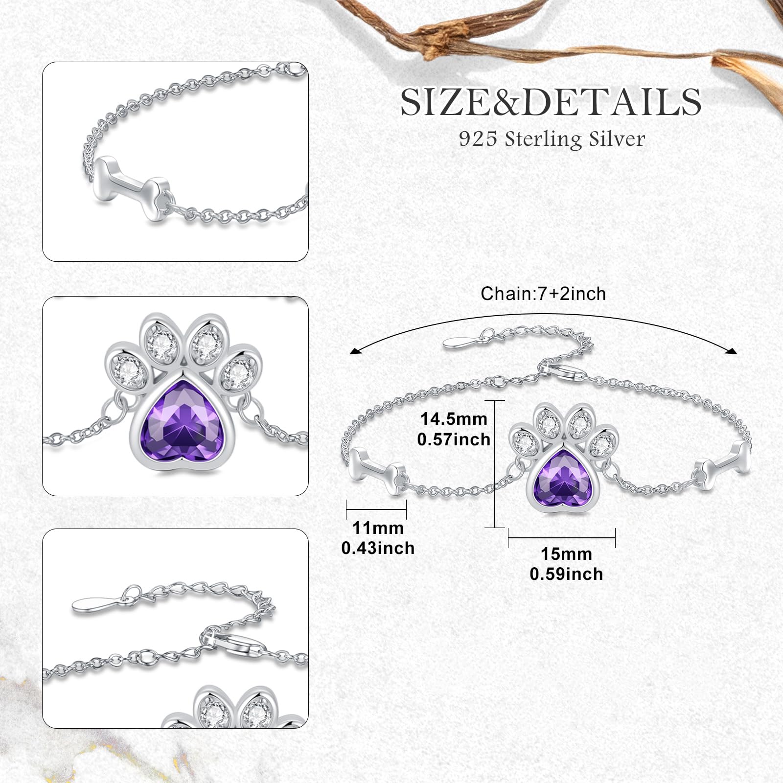 LONAGO Braccialetto per animali domestici, in argento Sterling 925, con zampa di cane, viola, con osso, Argento sterling, Zirconia cubica