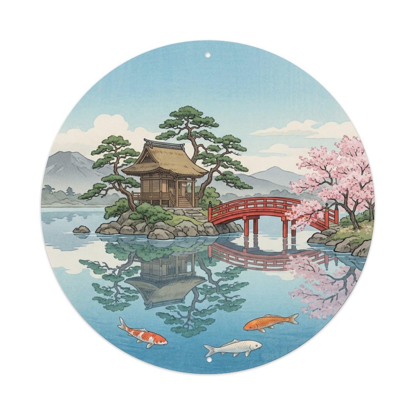 Tgrcjimh Style Metal Tin Sign Japanese Koi Fish Island Shrine Lake Isolated