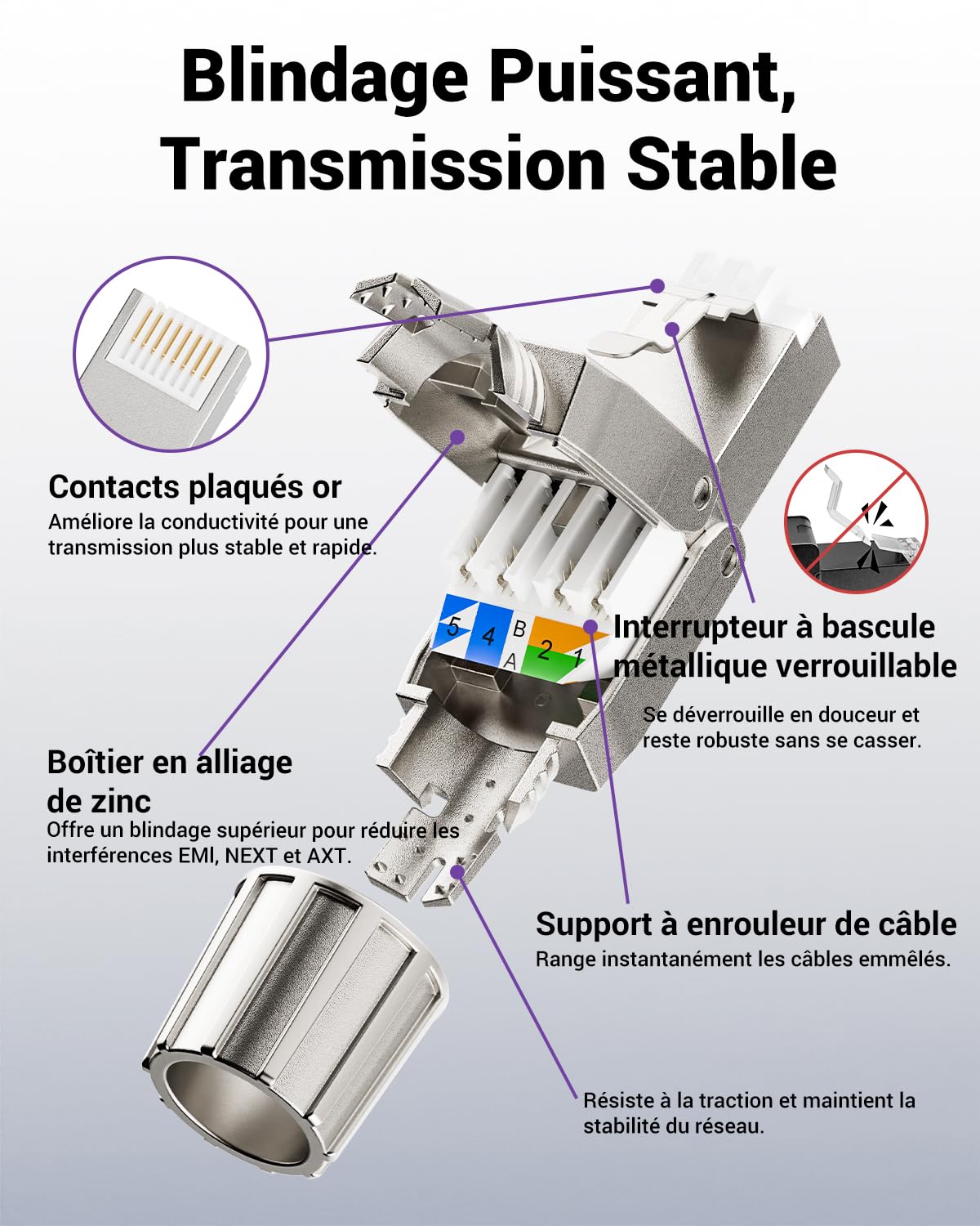 VCELINK Connecteur RJ45 sans Outil Cat7 Blindé, Support PoE, 12 Pièces | 10 Gbit/s 600 MHz, Plaqué Or Fiche RJ45 Blindé pour Câble Cat7 Cat6A Cat6 d'Installation, Prise Réseau Réutilisable