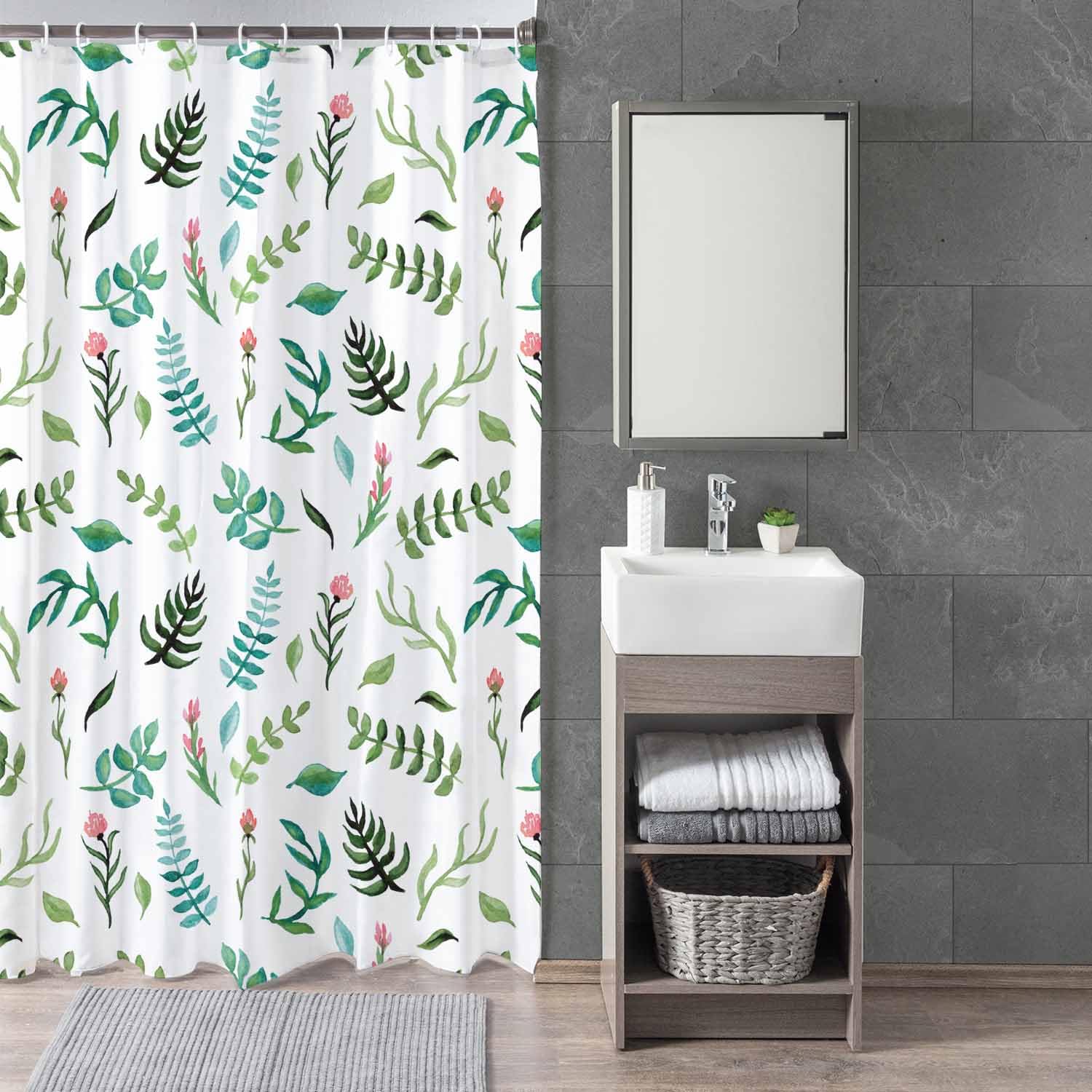 Woutay Shower Curtain Water Repellant Fabric Watercolor Floral Leaves,Mould Proof Resistant,Polyester,with 12 Plastic Hooks - Image 3