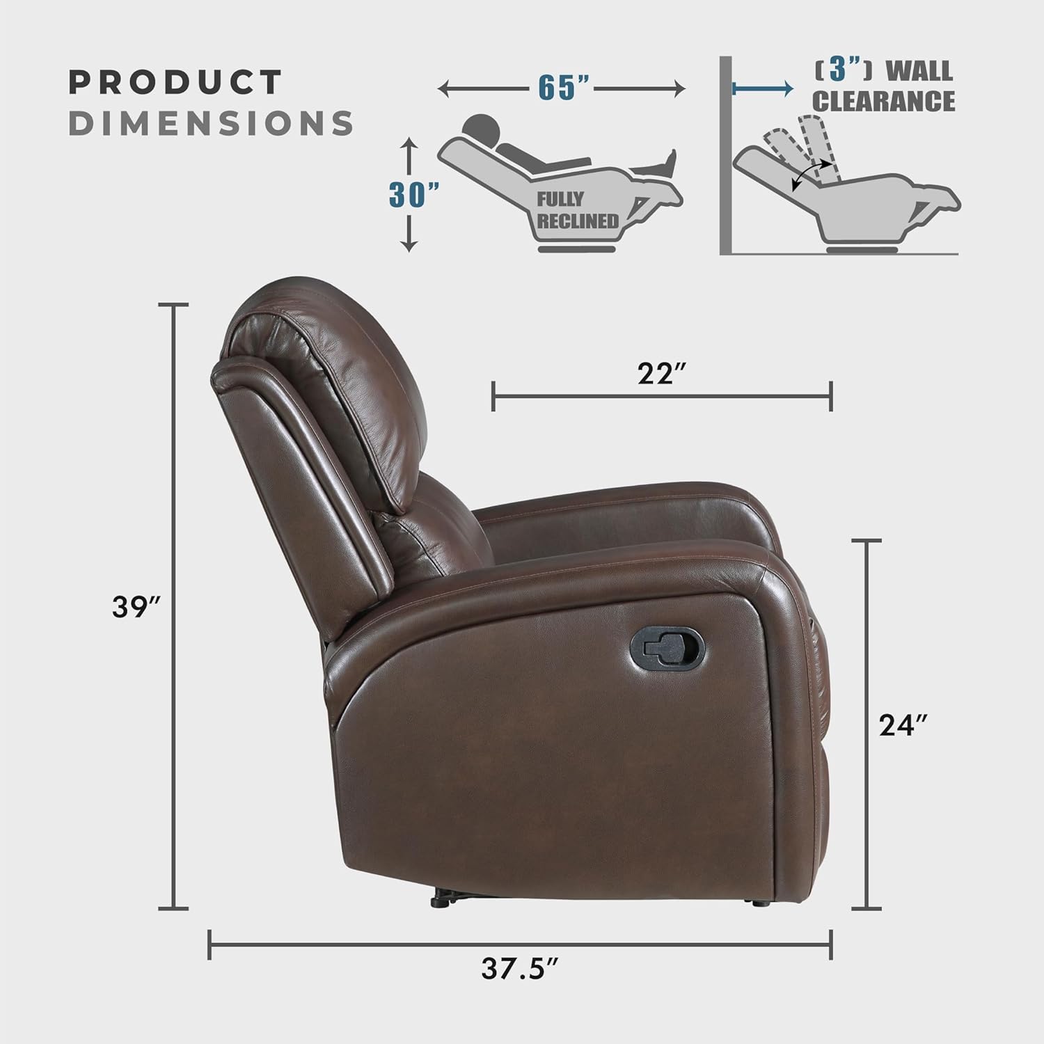 Lexicon Manual Reclining Chair, Top Grain Leather Match Wall Hugger Recliner Chair, Tab Pull Reclining, High Density Foam Over Pocket Coils, for Living Room/Reading Nook/Bedroom, Brown