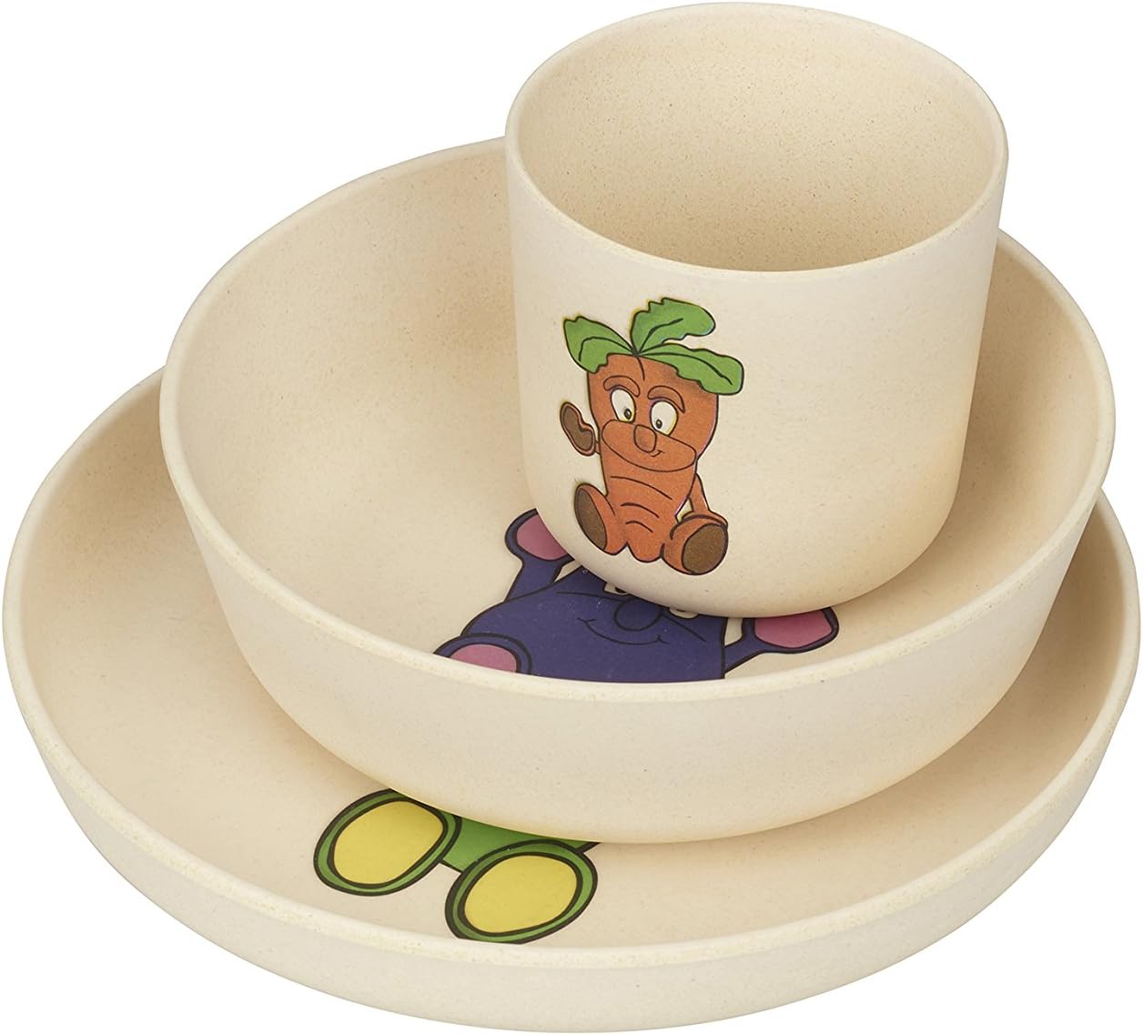 Goodness Gang - Bamboo Dinnerware - 3 Piece Kid's Dining Set with Vegetable Design - 1x Bowl 1x Plate 1x Cup