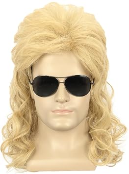 yuehong Adult Long Curly Blonde Wig 70s 80s Rock Star Style Mullet Cosplay Wig Heat Resistant Synthetic Fibers Soft Durable Breathable Costume Hair