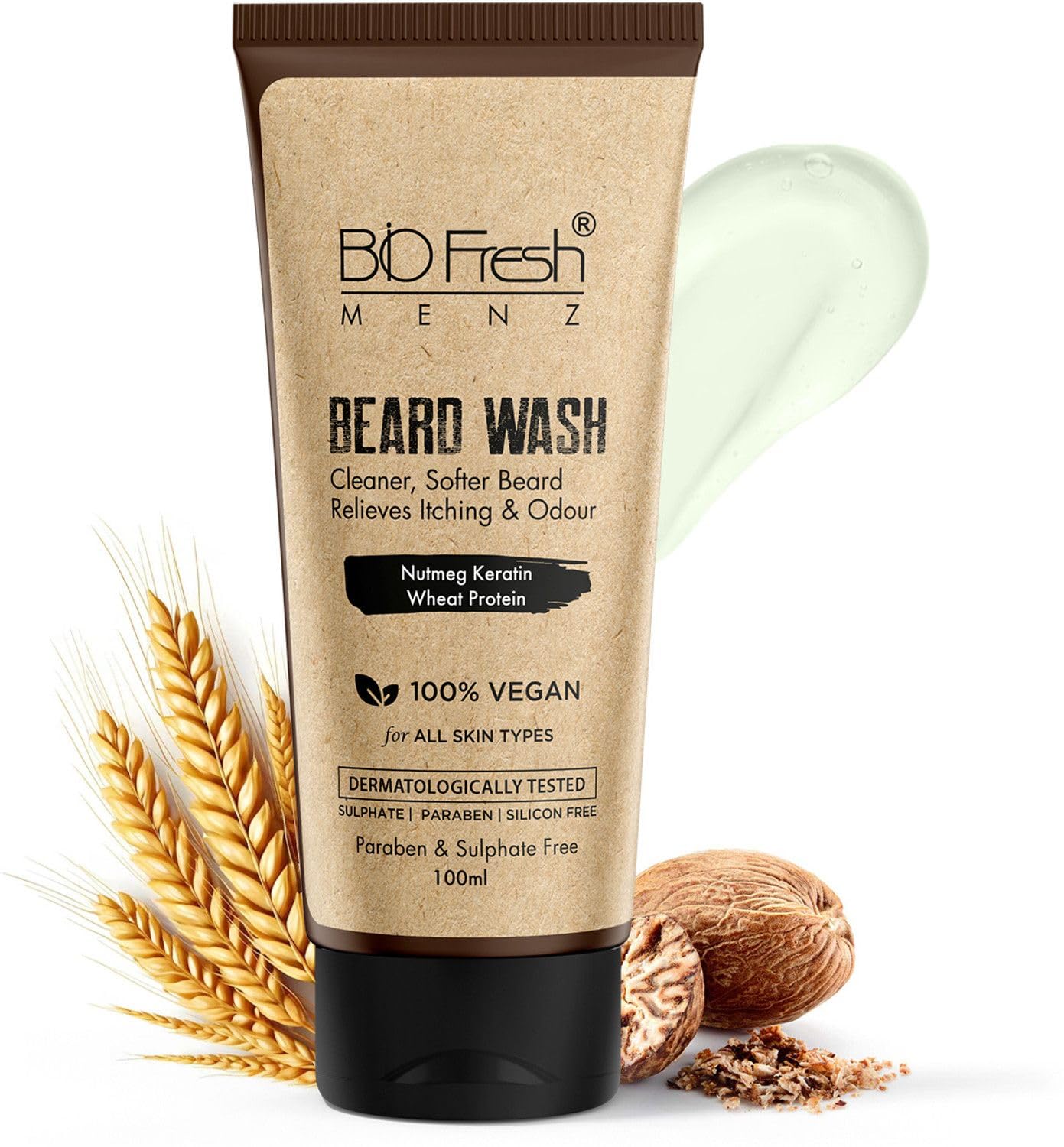 Menz Beard Wash with Nutmeg Keratin & Wheat Protein, 100% Vegan, All Skin Types, Paraben & Sulphate Free, 100ml-image-1