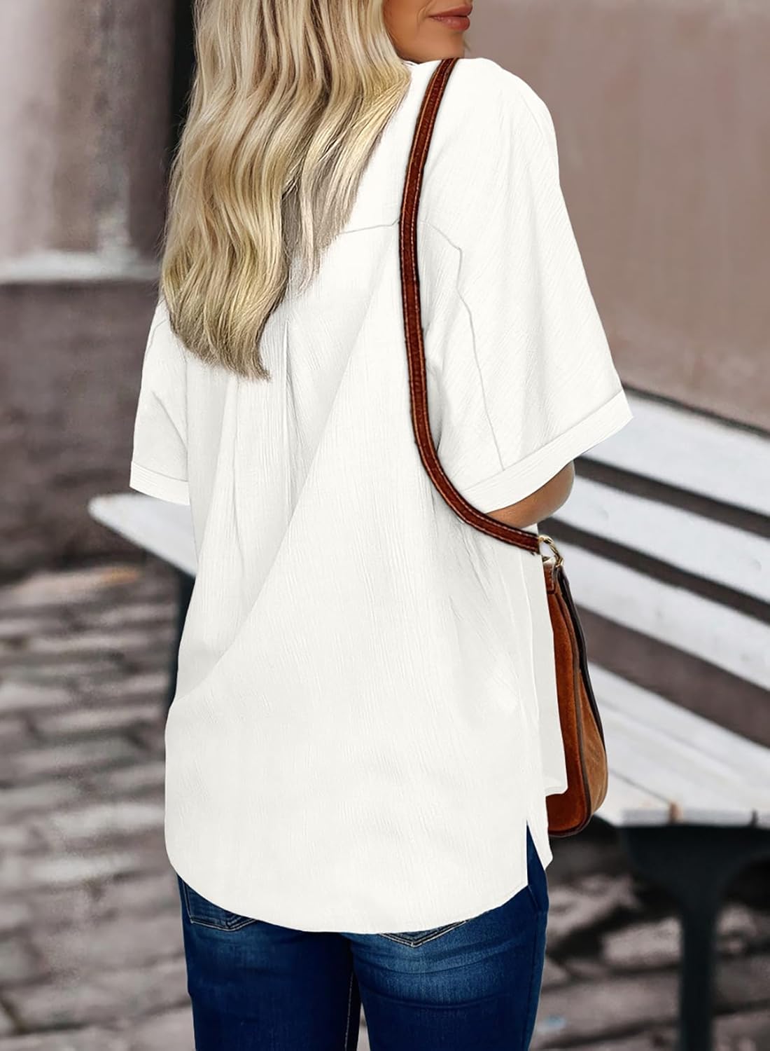 Dokotoo Women's Dressy Casual V Neck Short Sleeve Button Down Shirts Relaxed Work Business Loose Blouses Tops - Image 5