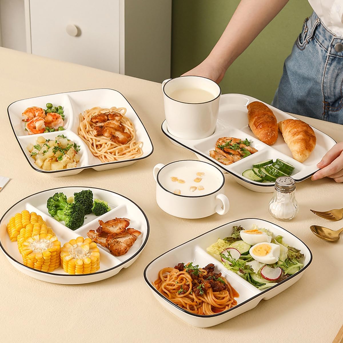 Large White Dinner Plates Ceramic Divided Plate 12 Inch 5 Compartment Porcelain Portion Control Plate for Adults Bariatric Diet - Microwave, Oven, and Dishwasher Safe