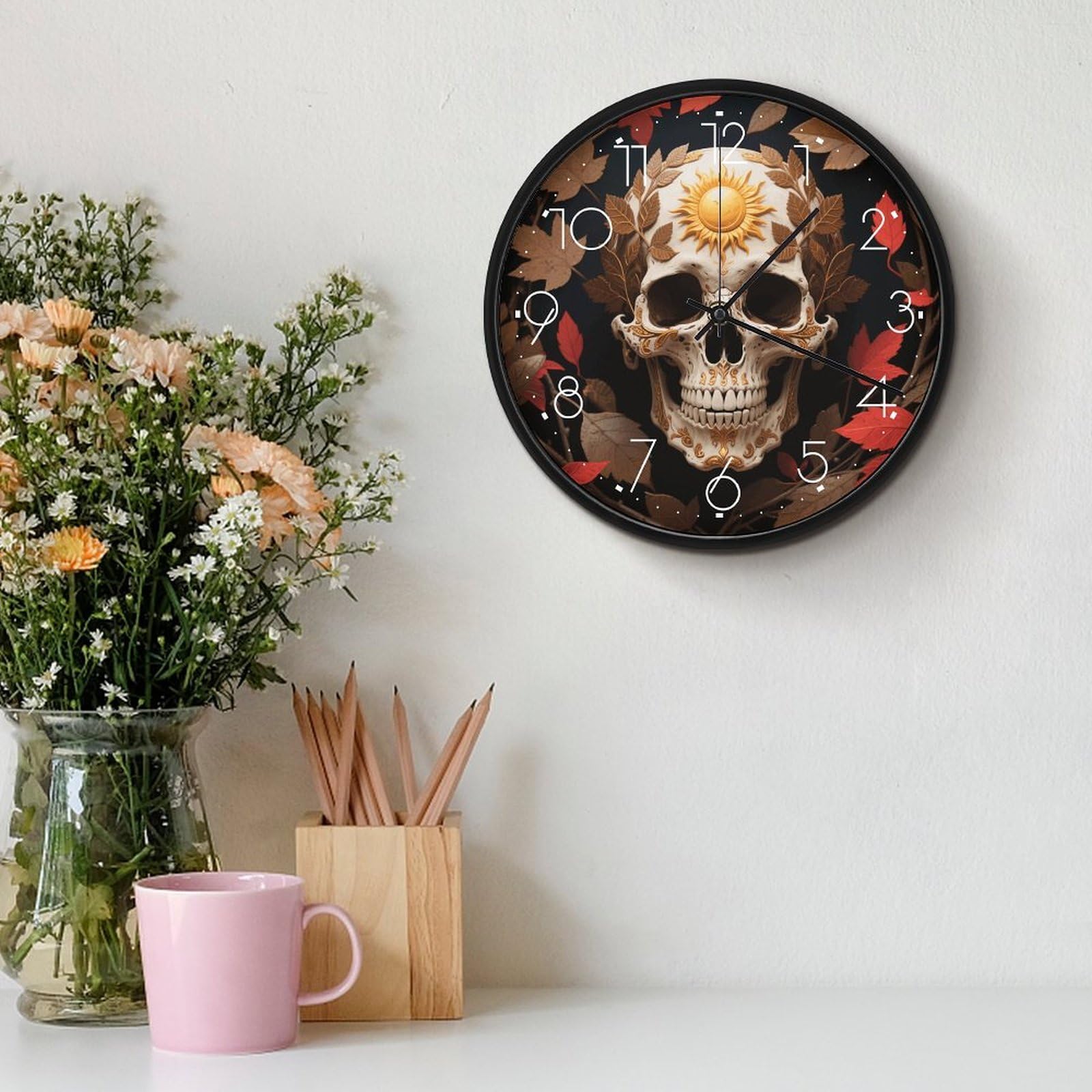 VIDI Horloge murale décorative en forme de crâne de soleil, horloge murale silencieuse à piles, 25,4 cm, horloge analogique moderne sans tic-tac, décoration pour cuisine, bureau, salle de bain