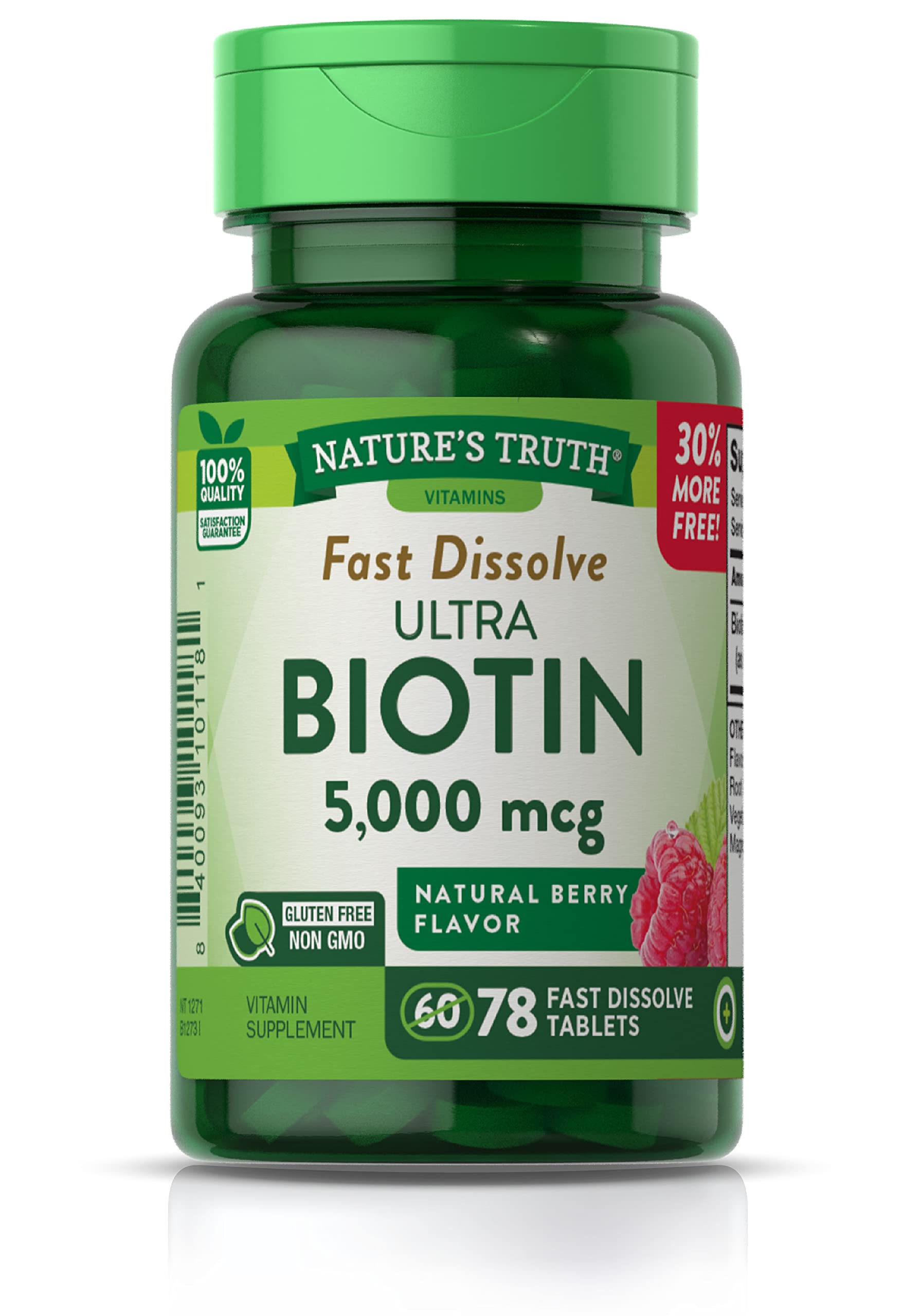 Nature's Truth Ultra Biotin 5000mcg | 78 Fast Dissolve Tablets | Hair Skin and Nails Supplement | Natural Berry Flavor | Vegetarian, Non-GMO, Gluten Free