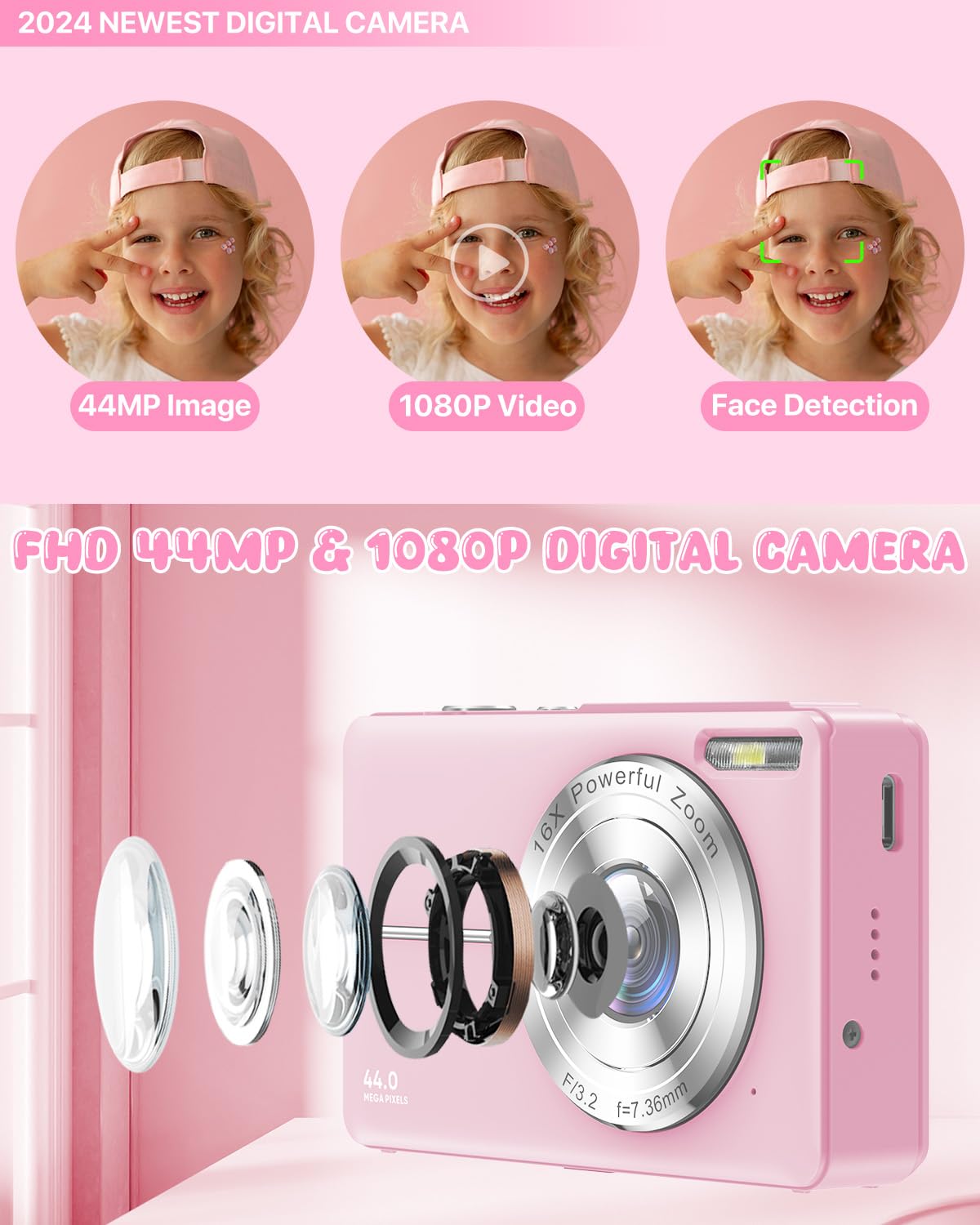 Macchina Fotografica Digitale con Scheda 32GB, 1080P 44MP Fotocamera Digitale Compatta con Zoom Digitale 16X Flash e 2 Batterie, Macchina Fotografica per Bambini, Adulti, Principianti (Rosa)