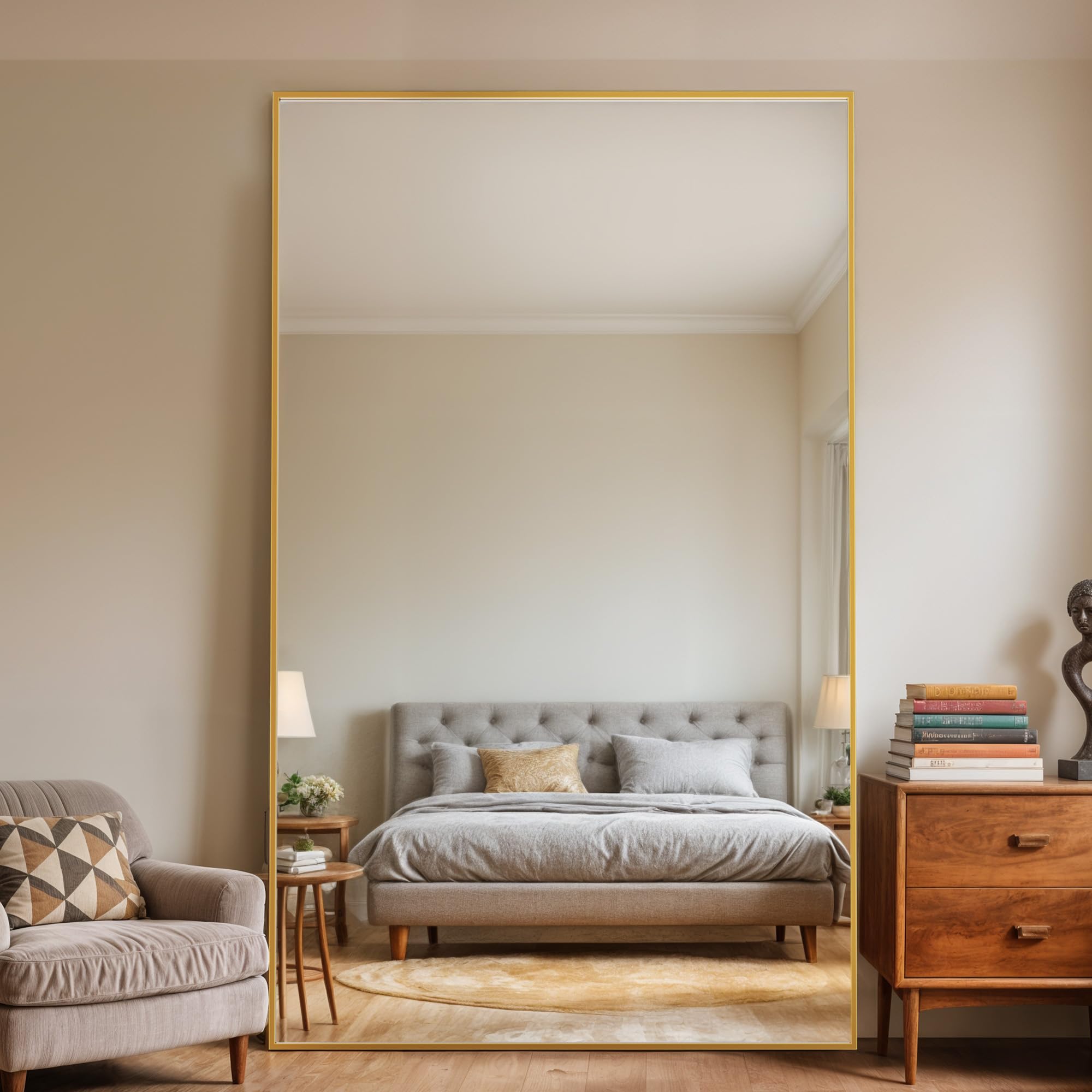 Antok Full Length Mirror, 46"x90" Oversized Floor Mirror with Stand for Bedroom, Living Room Cloakroom, Gold, Rect Style