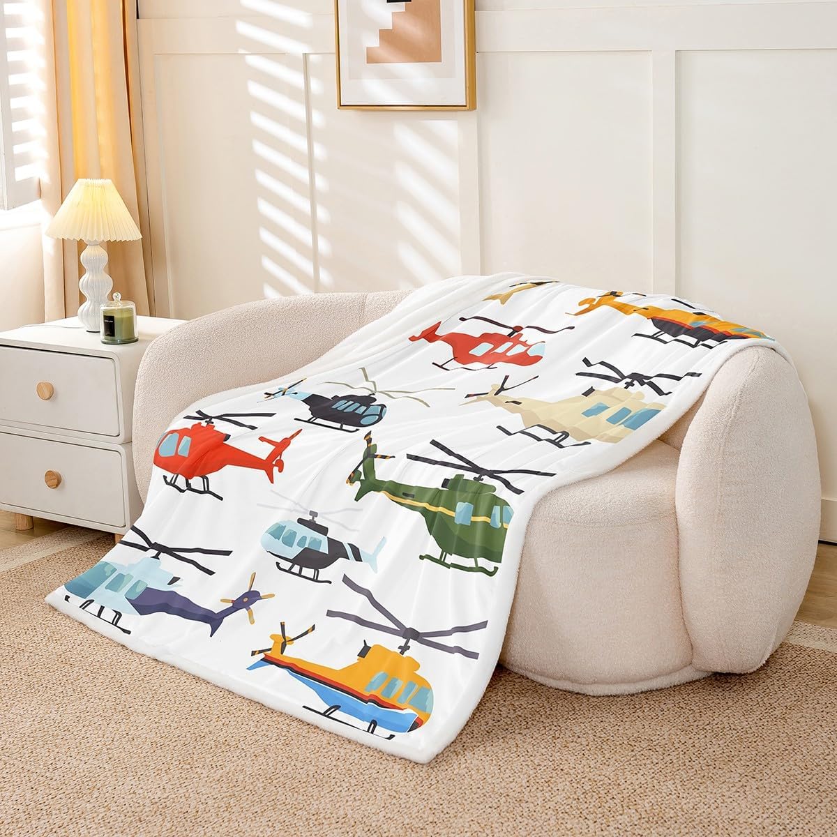Erosebridal Airplane Sherpa Blanket Twin 60"x80" Aircraft Helicopter Blanket Throw for Kids Boys Teens Young Man Cartoon Airplanes Fleece Blanket Aviation Theme Fuzzy Blanket Bedroom Sofa Decor White