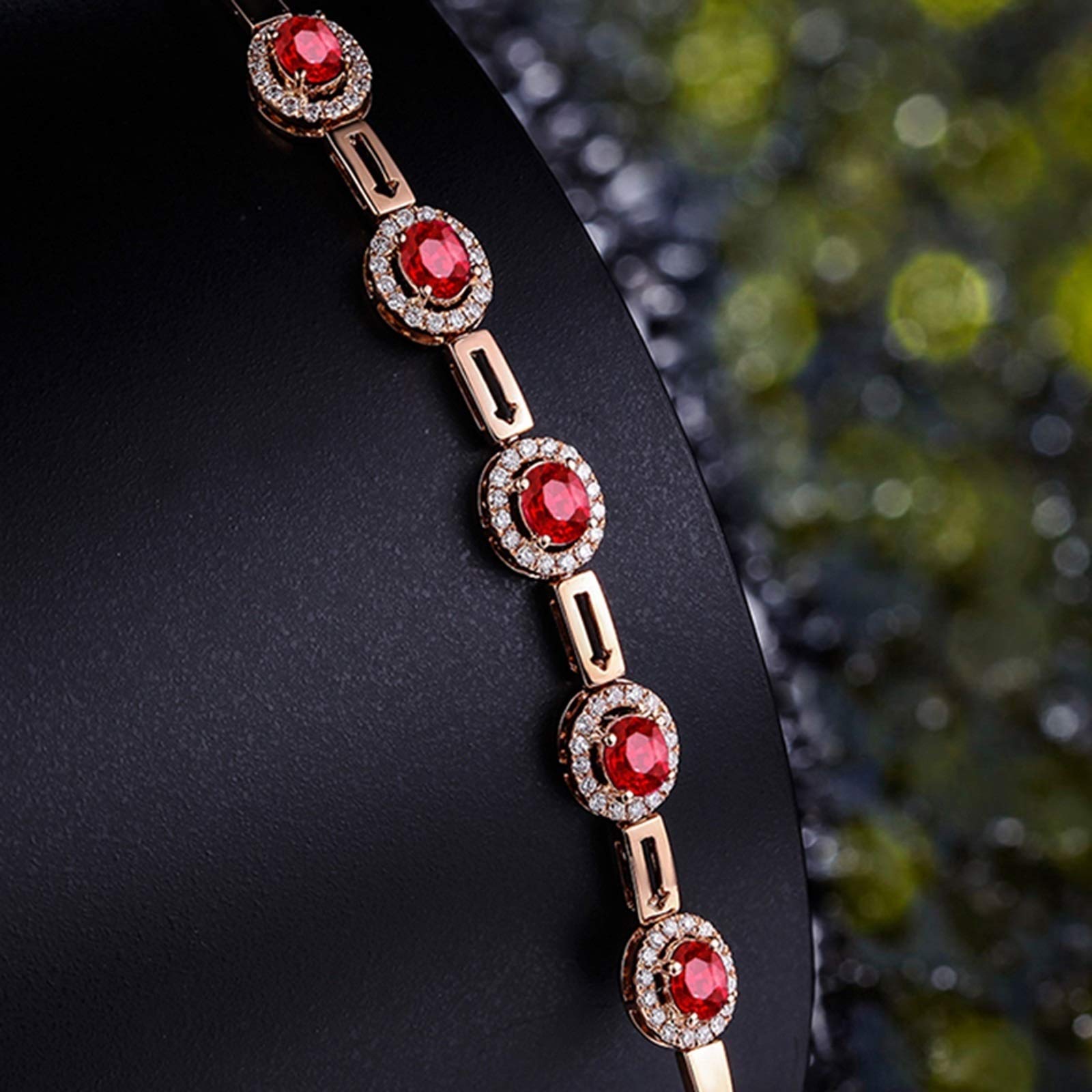 ZH1YFD Pulsera de Cadena de Oro Rosa de rubí, eslabón de Barra y halo con Cadena de Pulsera de rubí y Zafiro de 1,35 Quilates para Mujer 16,5 + 2,5 CM