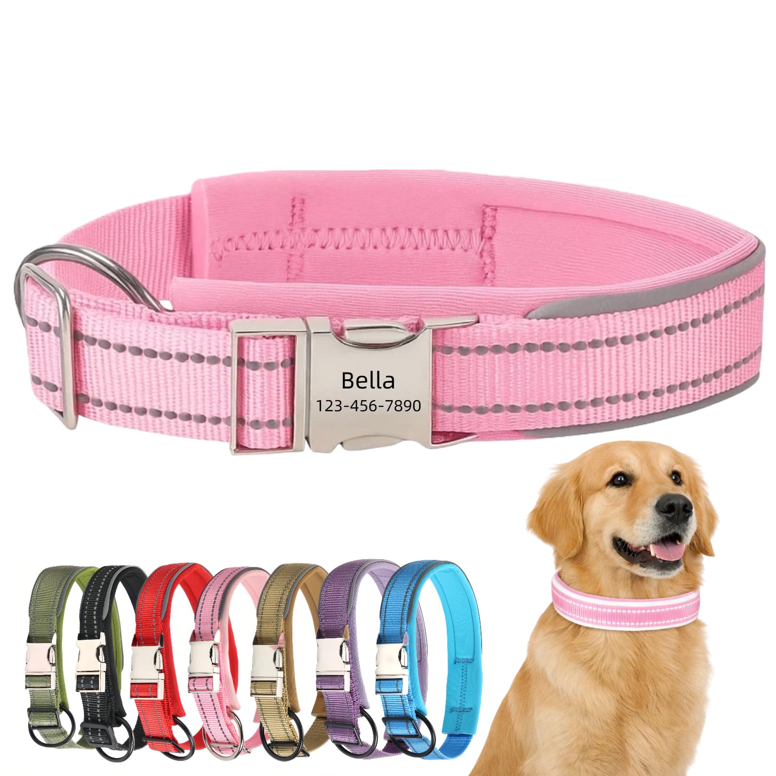 Personalised Dog Collar with Custom Engraved Name Plate Reflective Collar with Quick Release Metal Buckle Adjustable Waterproof Soft Padded Nylon for Medium Dogs (Pink, M) — image 1