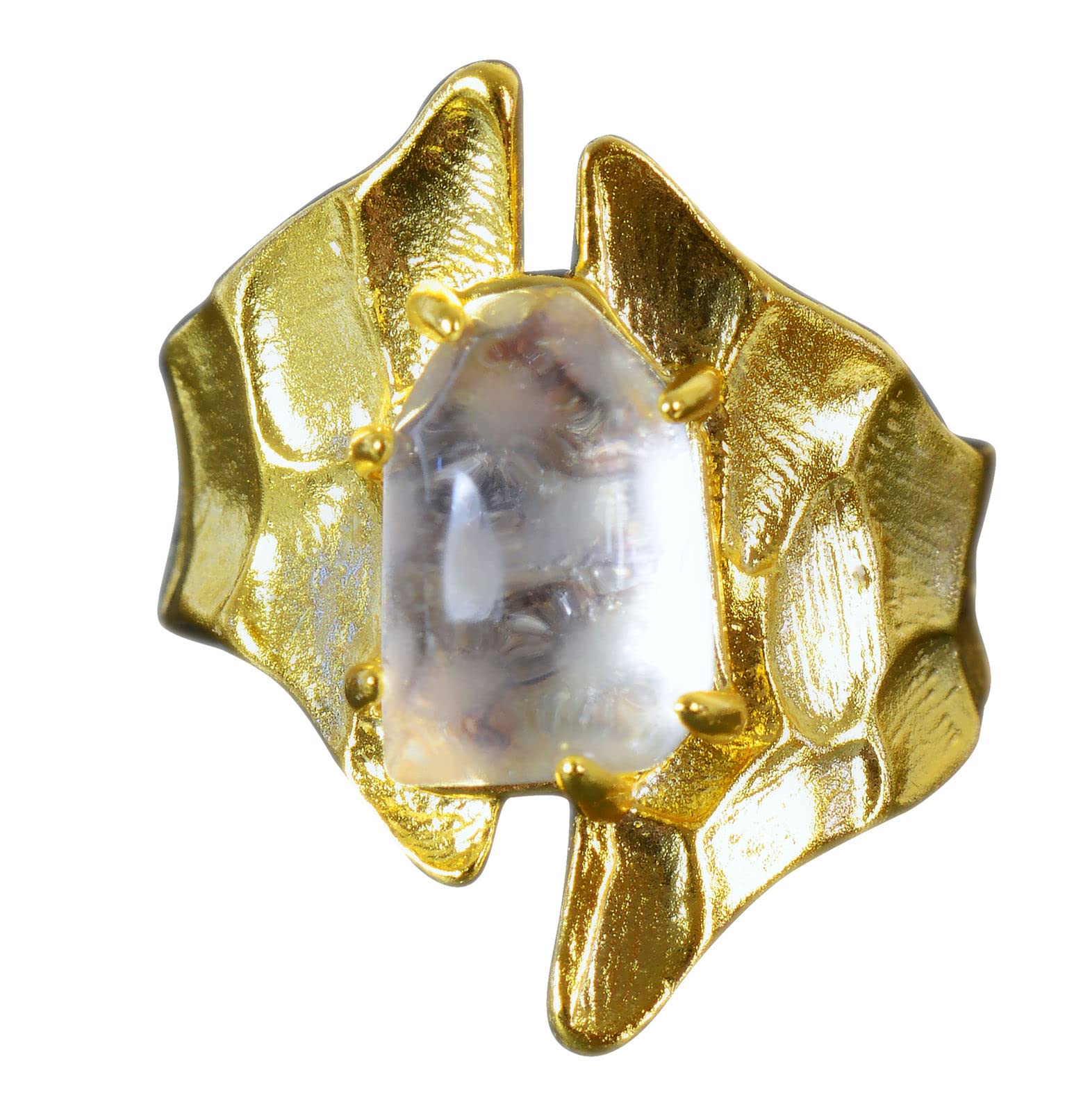 NicoWerk Anillo de mujer plata cristal de roca elaborado en plata de ley 925 dorado martillado ancho con piedra asimétrico llamativo ajustable abierto SRI779