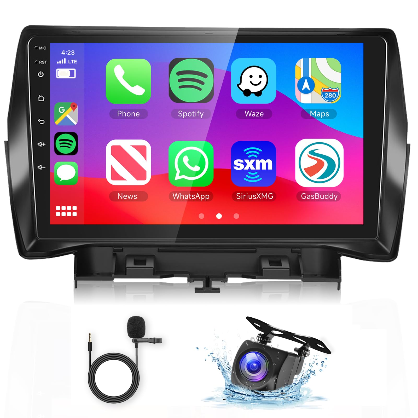 Image demonstrating wireless Carplay and Android Auto functionality with phone mirroring and voice commands.