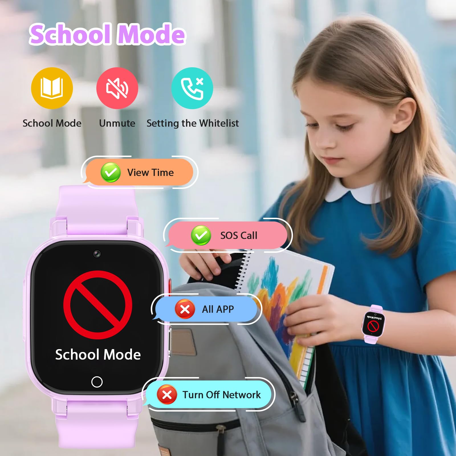 Smartwatch Bambini 4G con Videochiamata, GPS, SOS, Chat Vocale, IP68 Impermeabile, Modalità Classe, Contapassi, Sveglia, Camera, Orologio Smartwatch Regalo per Bambino e Bambina 4-12 Anni (Lila-8A)
