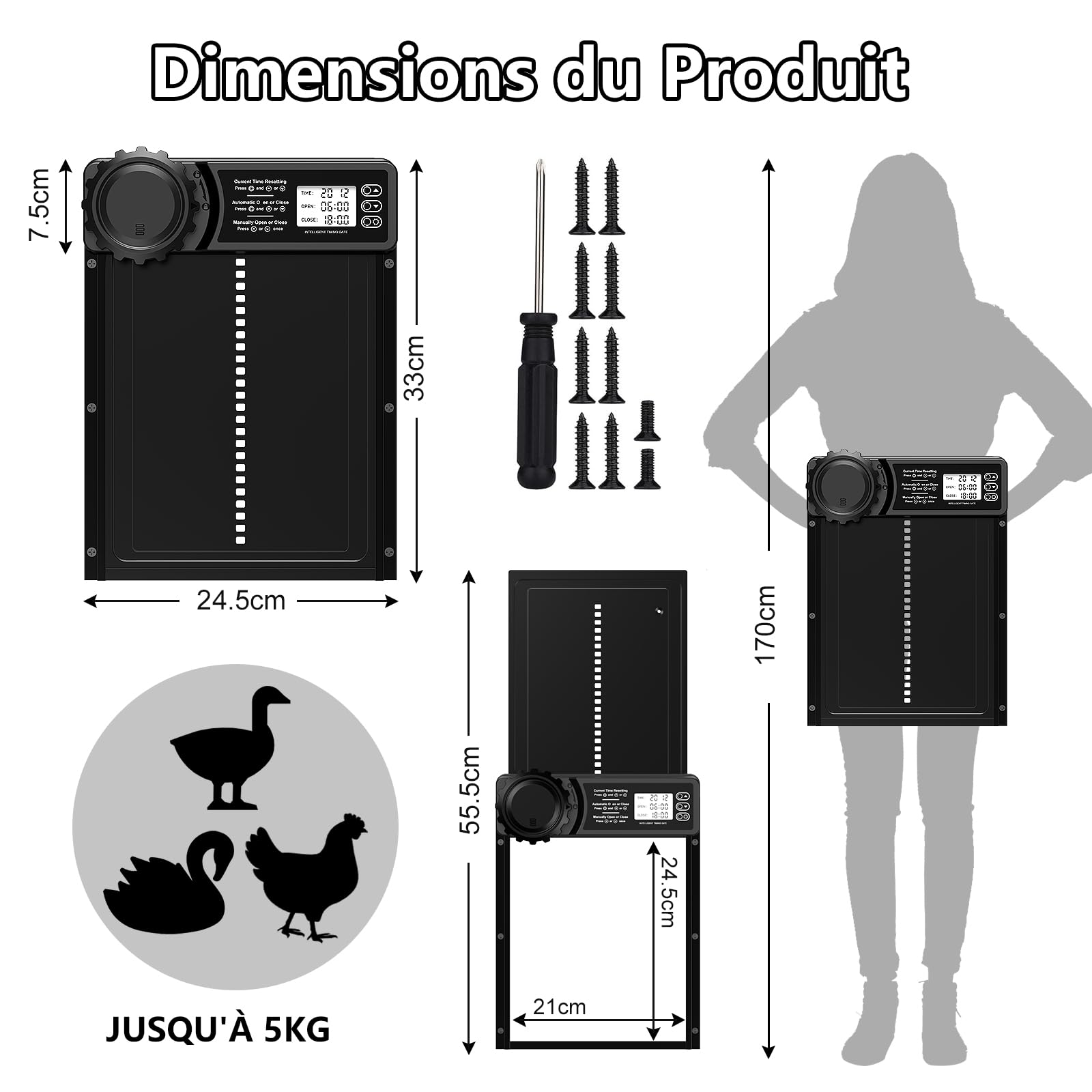 CHAMUTY Porte Poulailler Automatique Batterie avec Écran LCD Programmable Étanche, Porte Automatique Poulailler en Aluminium avec Minuterie, Fonction Anti-pincement, Ouvre-Porte Vertical, Noir