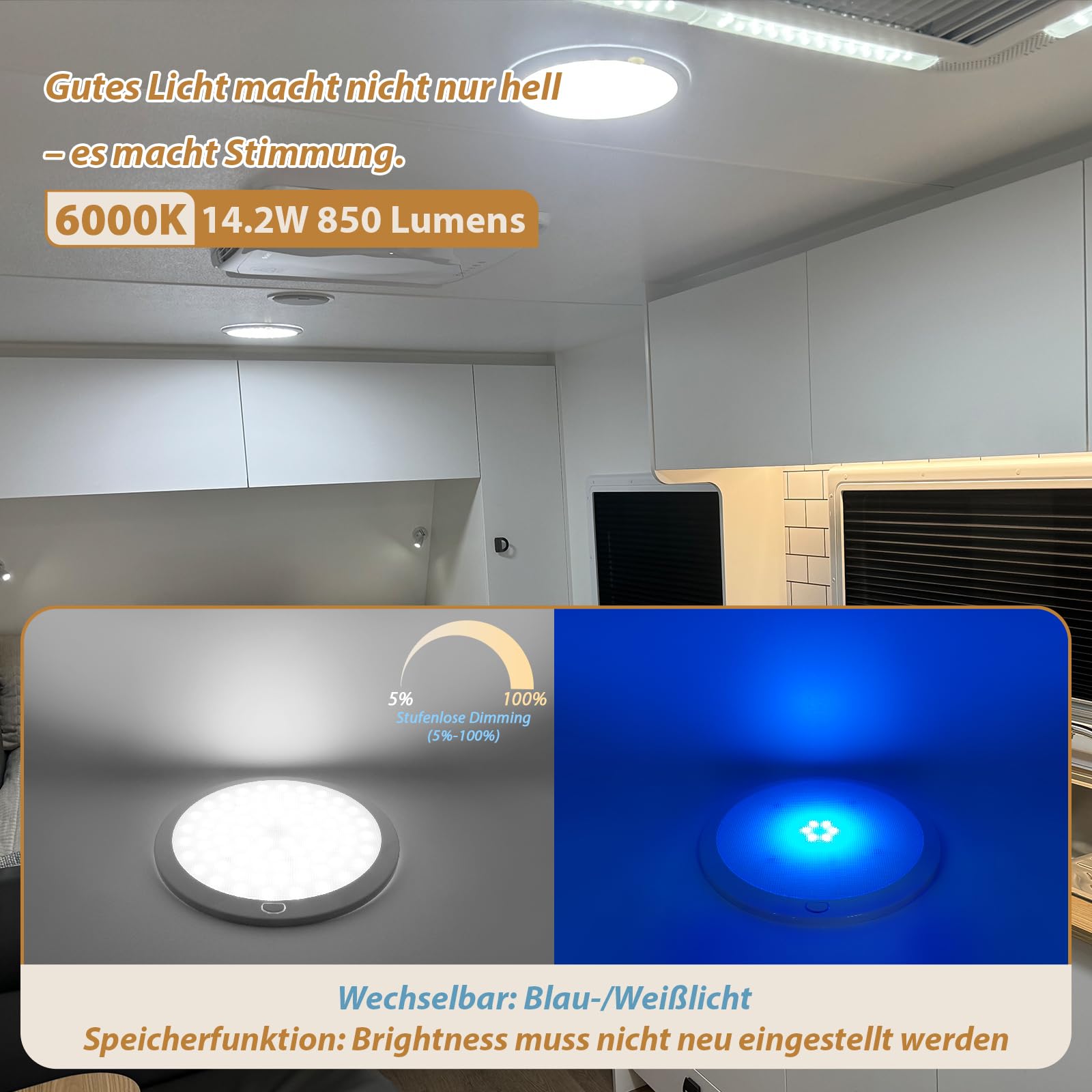 Dream lighting 12v LED Deckenleuchte Wohnwagen Wohnmobil Boot Yacht Erinnerung Dimmbar IP44 21cm Kaltweiß
