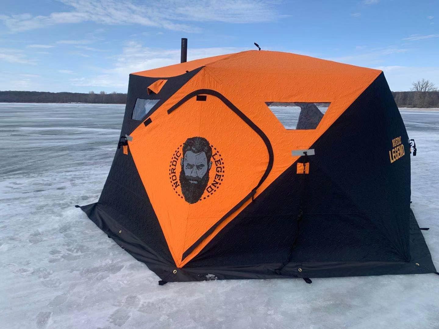 Nordic Legend Aurora Series Pop-Up Portable Ice Fishing Shelter (Aurora Lodge 6-8 Person Insulated) with HARDWATER LITE Top Plate Nylon 8" Ice Auger