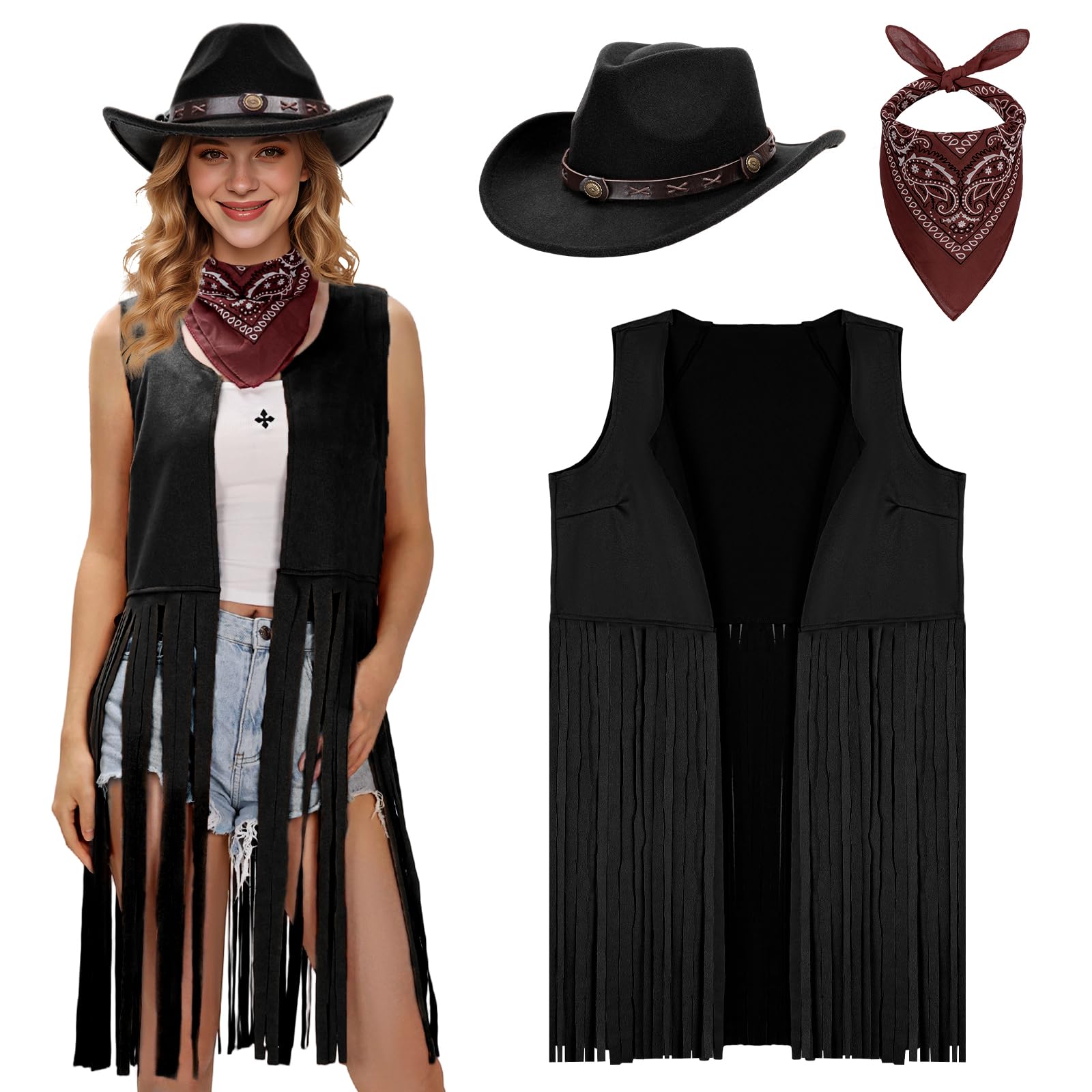 Ultrafun Women's Black Western Outfit For Cowgirl Tassel Sleeveless Vest Cowboy Hat Paisley Bandana Halloween Costumes, Medium