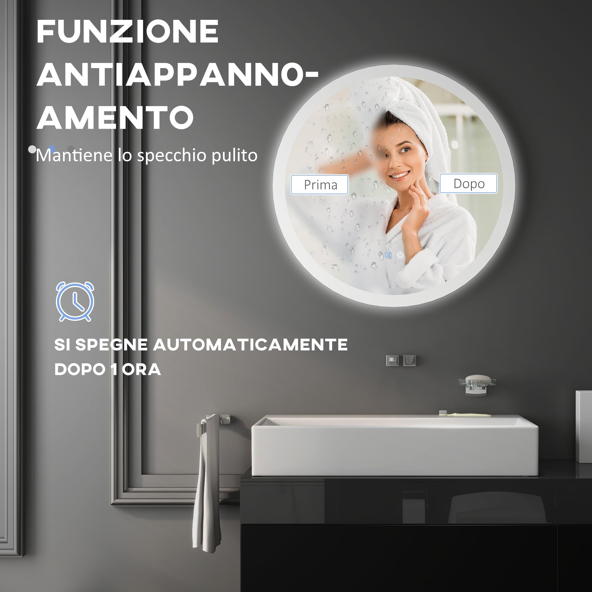 kleankin Specchio Bagno Rotondo con Luce LED Ø70cm, 3 Colori Luce, 3000-6500K, Interruttori Touch, Specchio da Parete Antideflagrante con Luminosità Regolabile, Funzione Memoria, Antiappannamento