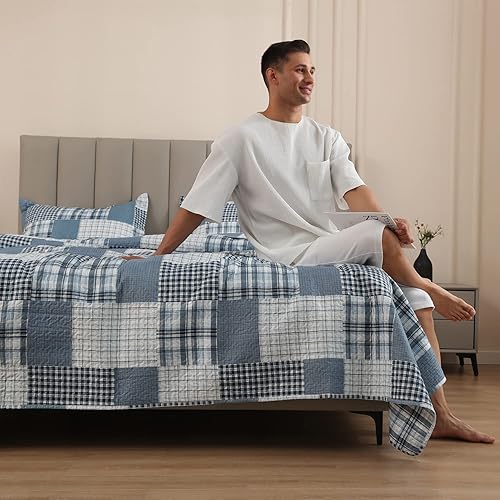 Miniatura 2 de Jarson Juego de edredón a cuadros de 3 piezas, tamaño King, juego de ropa de cama ligero y suave a cuadros de verano, colcha reversible con diseño