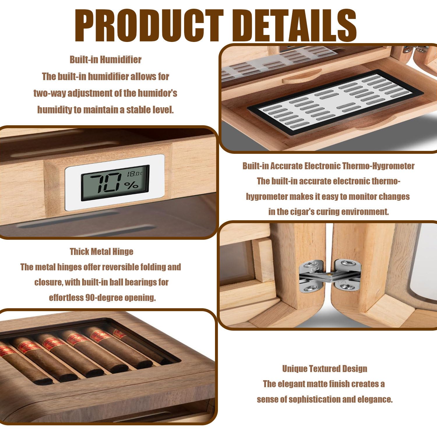 Zigarrenhumidor aus Zedernholz, elektrischer Zigarrenschrank mit digitalem Hygrometer, geräuschloser, konstanter Humidor mit 110 Fassungsvermögen, Zigarrenkühler-Humidor für Männer C(withsunroof)
