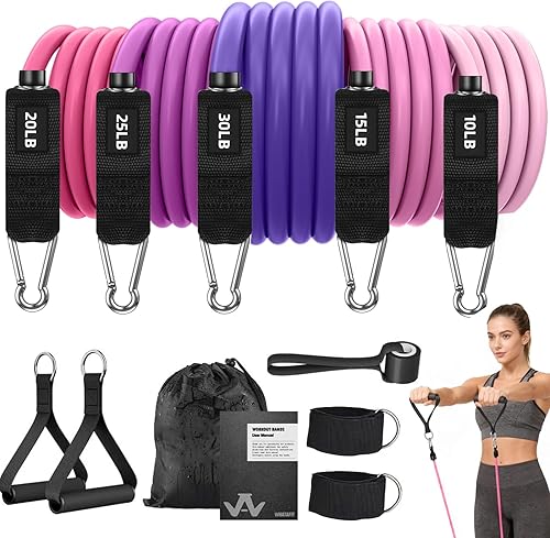 WHATAFIT Resistance Bands Set with Handles - Exercise Bands Home Gym Strength Training Equipment, Includes Door Anchor & Ankle Straps for Full Body