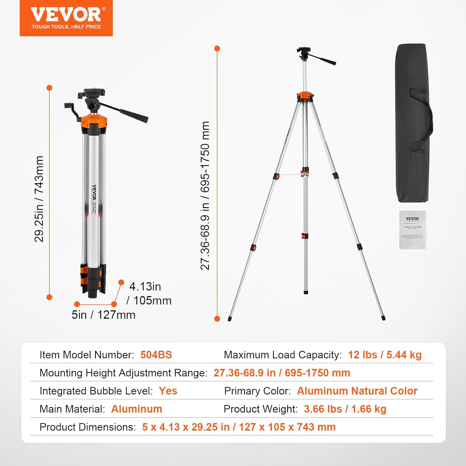 VEVOR Laser Level Tripod, ¼ x 20 Thread Mount, 27.36-68.11 inch Height Adjustment with Integrated Level Bubble Lightweight Laser Scanner Stand, Retractable Legs Aluminum Tripod for Stable Measurement