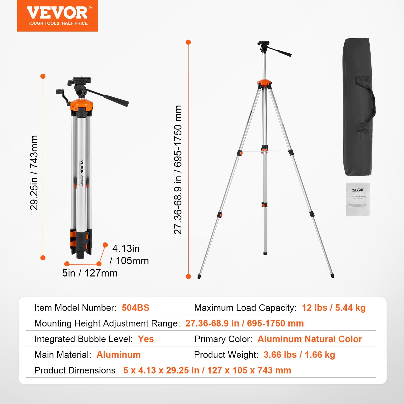 VEVOR Trípode para Nivel Láser, Ajuste de Altura de 695-1750 mm con Burbuja de Nivel Integrada, Soporte Liviano a Escáner Láser, Patas Retráctiles, para Medición Estable, 127 x 105 x 743 mm, Aluminio